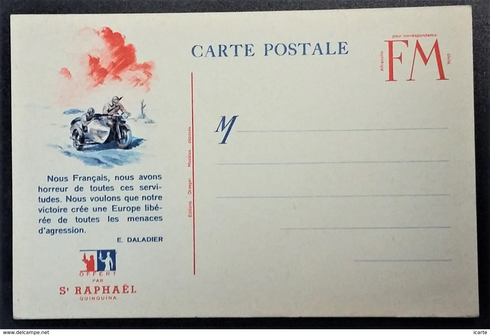 Carte De Franchise Militaire Publicité St RAPHAËL Citation Daladier MOTO SIDE-CAR - Lettres & Documents