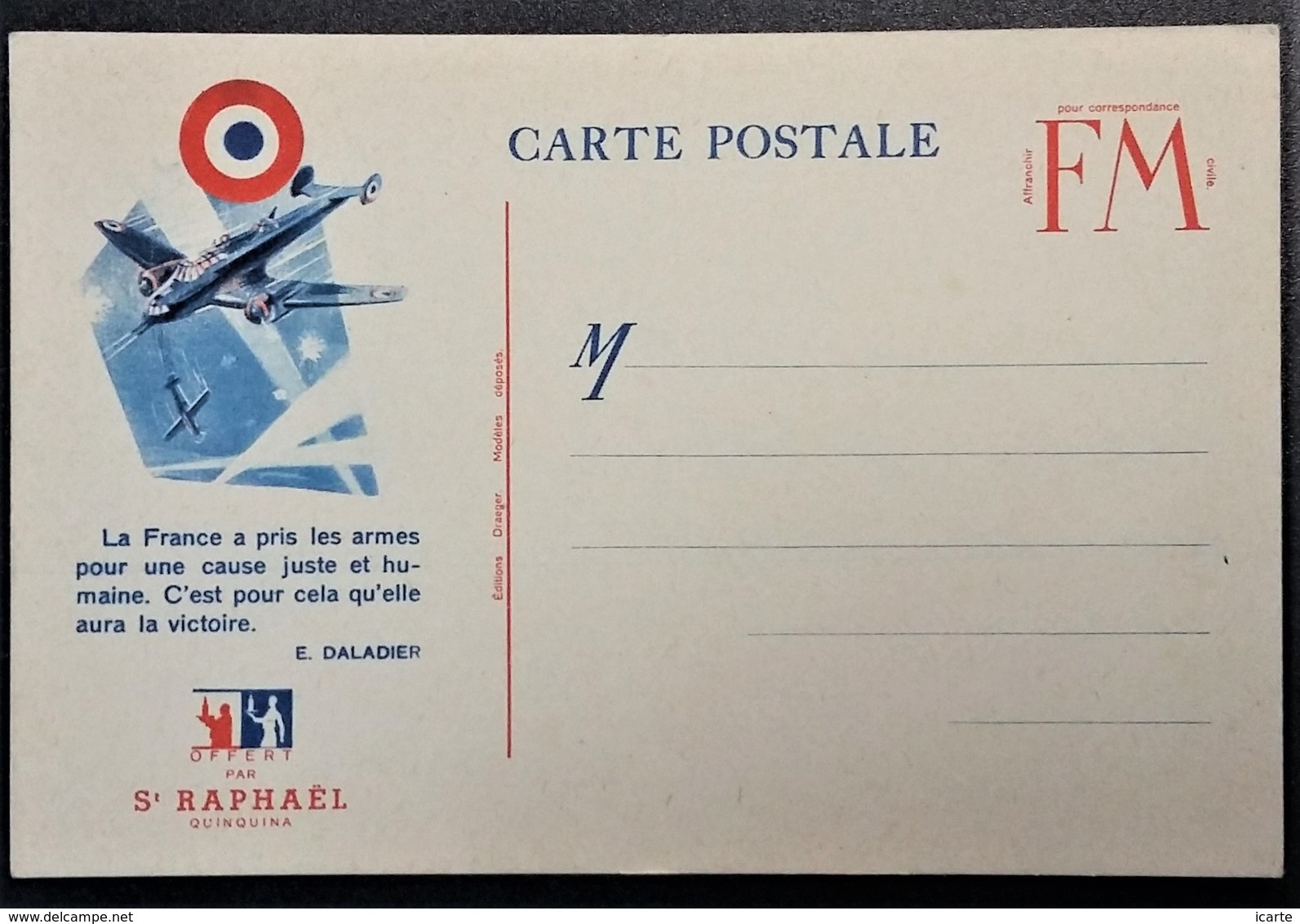 Carte De Franchise Militaire Publicité St RAPHAËL Citation Daladier AVIATION MILITAIRE - Lettres & Documents