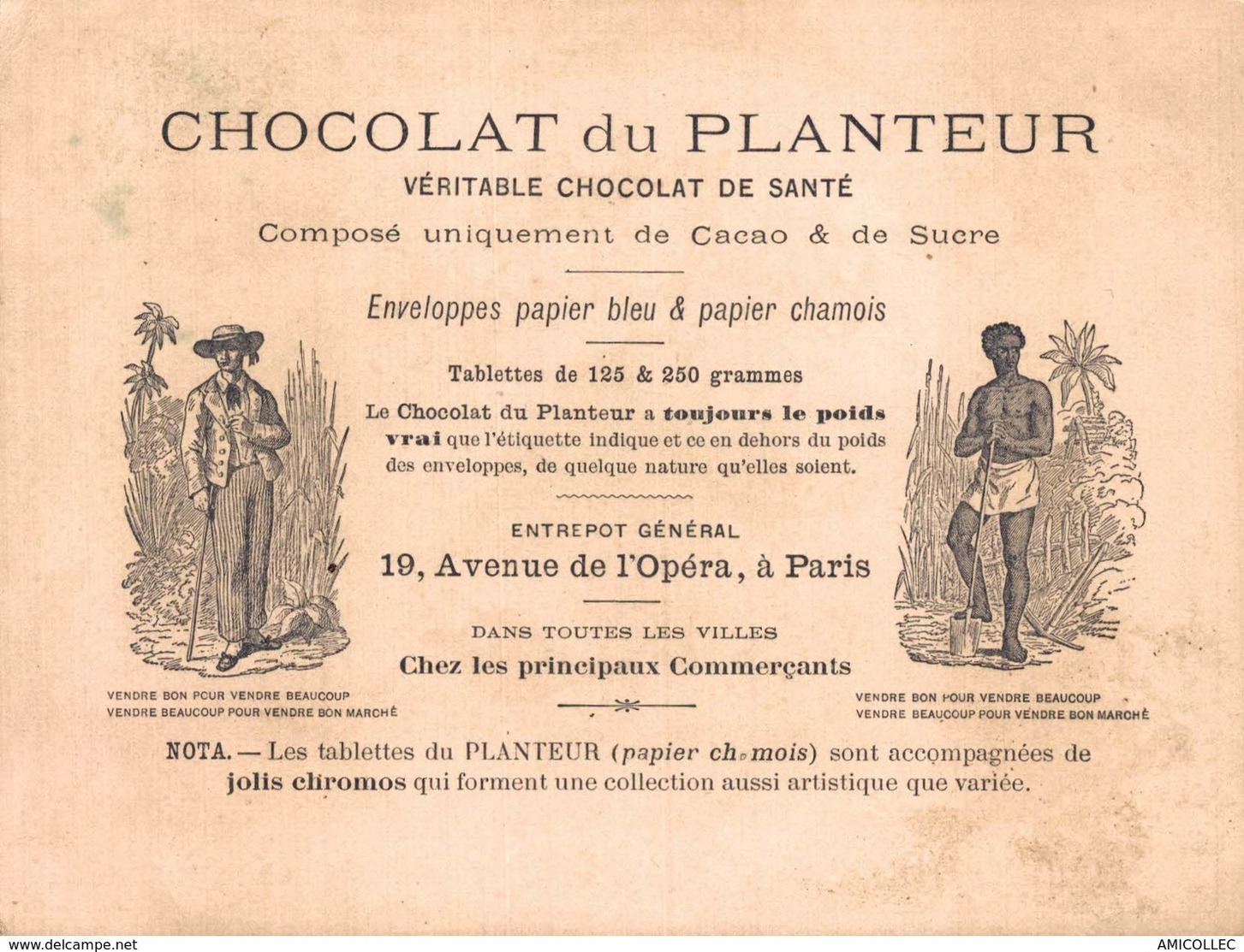 8295- 2018   PUBLICITE CHOCOLAT DU PLANTEUR 19 AVENUE DE L OPERA PARIS - Publicités