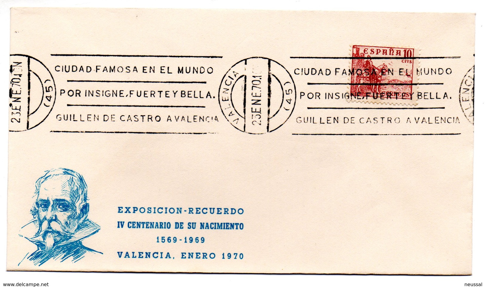 Carta Con Matasellos Commemorativo En Rodillo Centenario Nacimiento Guillem De Castro. - Cartas & Documentos