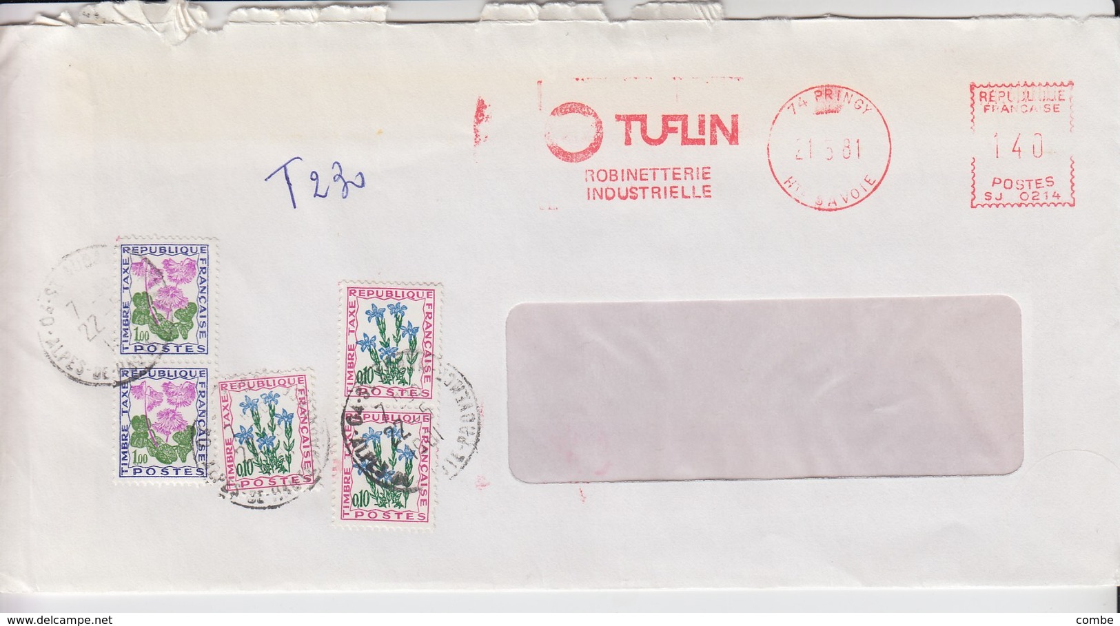 Lettre Taxée, 1981, Affranchie EMA TUFLIN ROBINETTERIE PRINGY 1,40 Fr  , Taxe 2,30 Fr,  5 Timbres FLEURS / 6000 - 1960-.... Lettres & Documents