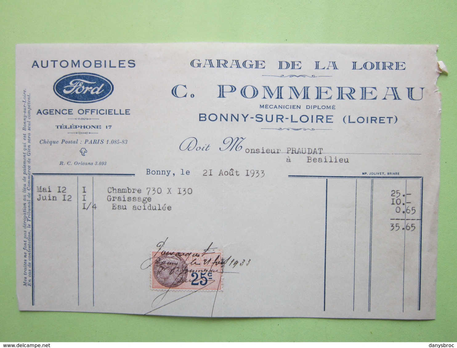 Facture Timbre Fiscal 25c- AUTOMOBILES FORD, GARAGE DE LA LOIRE, C.POMMEREAU à BONNY-SUR-LOIRE (45) Le 21/08/1933 - Automobile