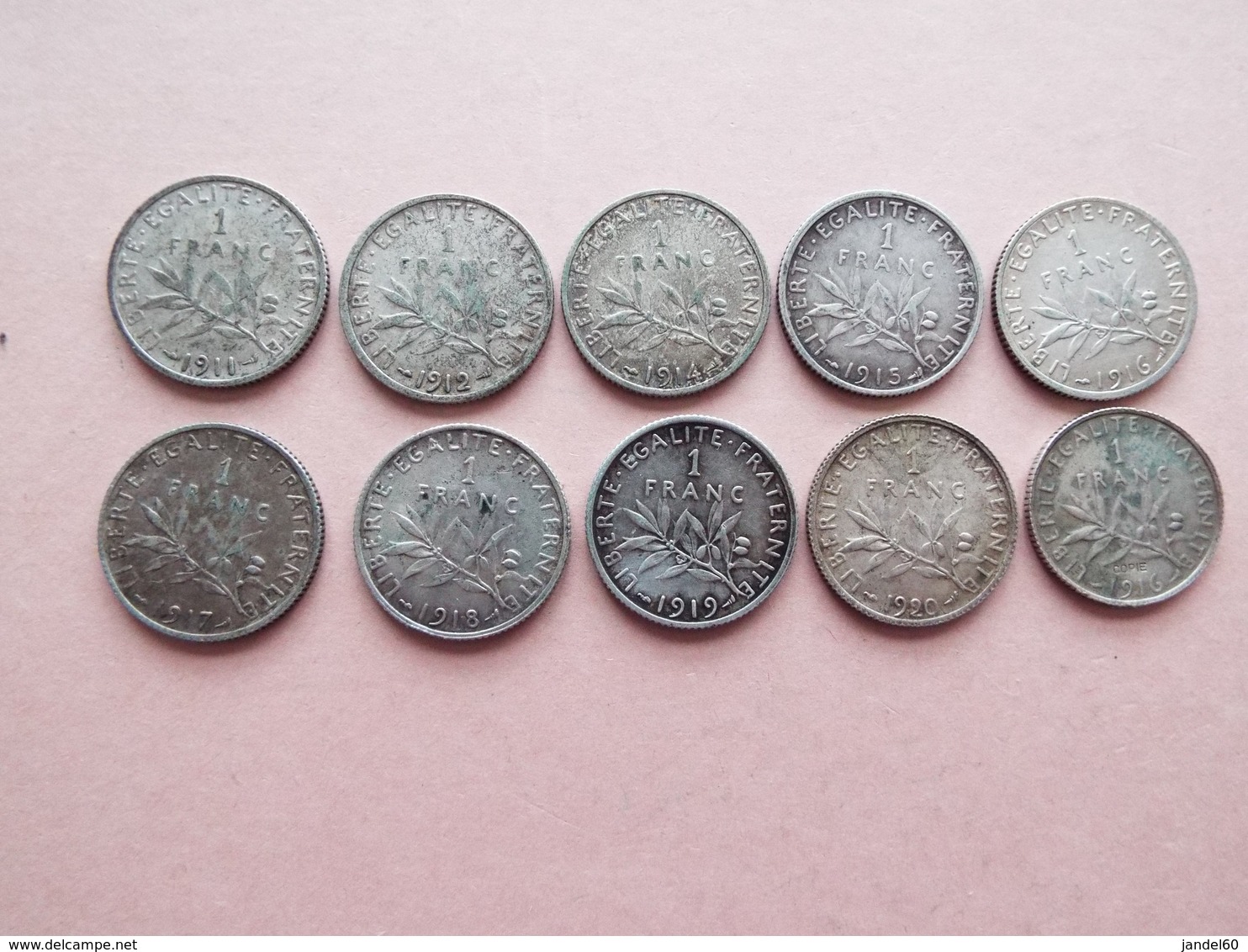 LOT DE 10 PIECES DE 1 FRANCS ARGENT + 1 COPIE 1916 - Sonstige & Ohne Zuordnung