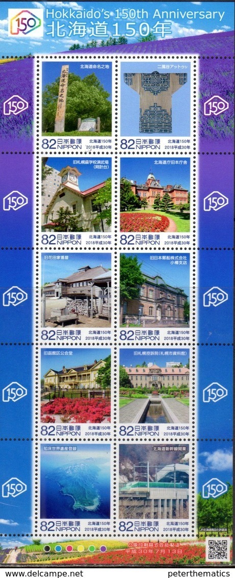 JAPAN, 2018, MNH, HOKKAIDO 150th ANNIVERSARY, TEMPLES, TRAINS, LANDSCAPES, FLOWERS, SHEETLET - Geography