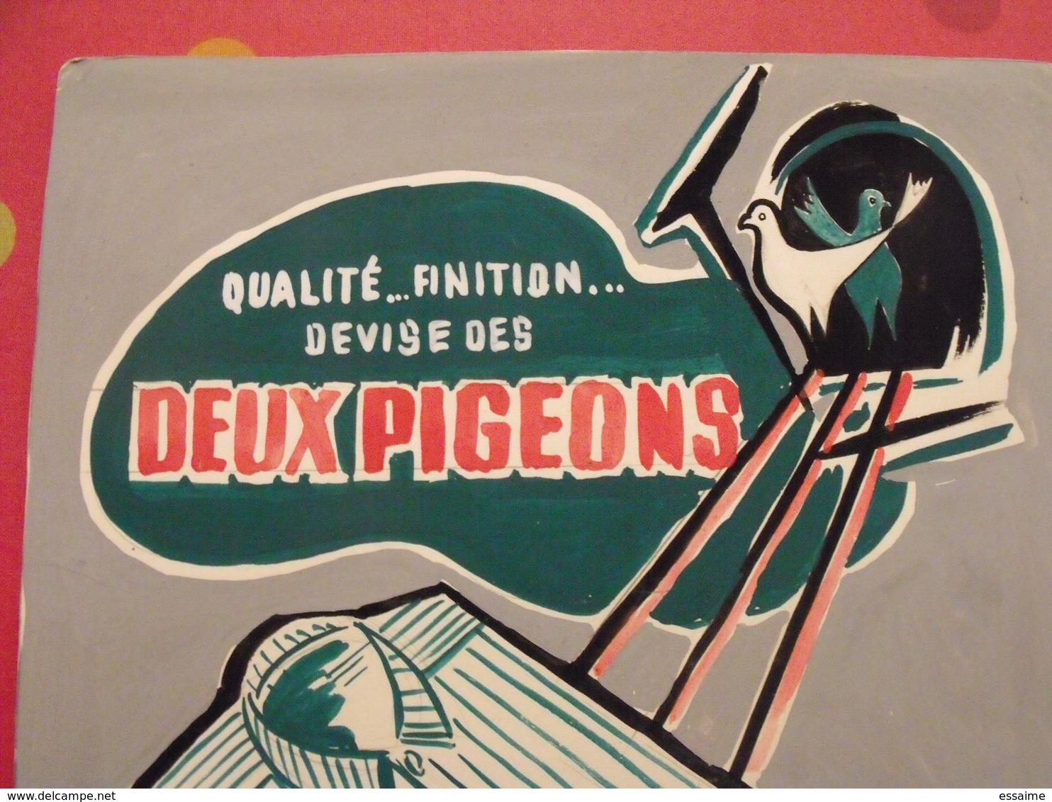 Chemise Deux Pigeons. Gouache. Maquette Originale D'un Panneau Publicitaire Marcel Jost Vers 1950-60 - Plaques En Carton