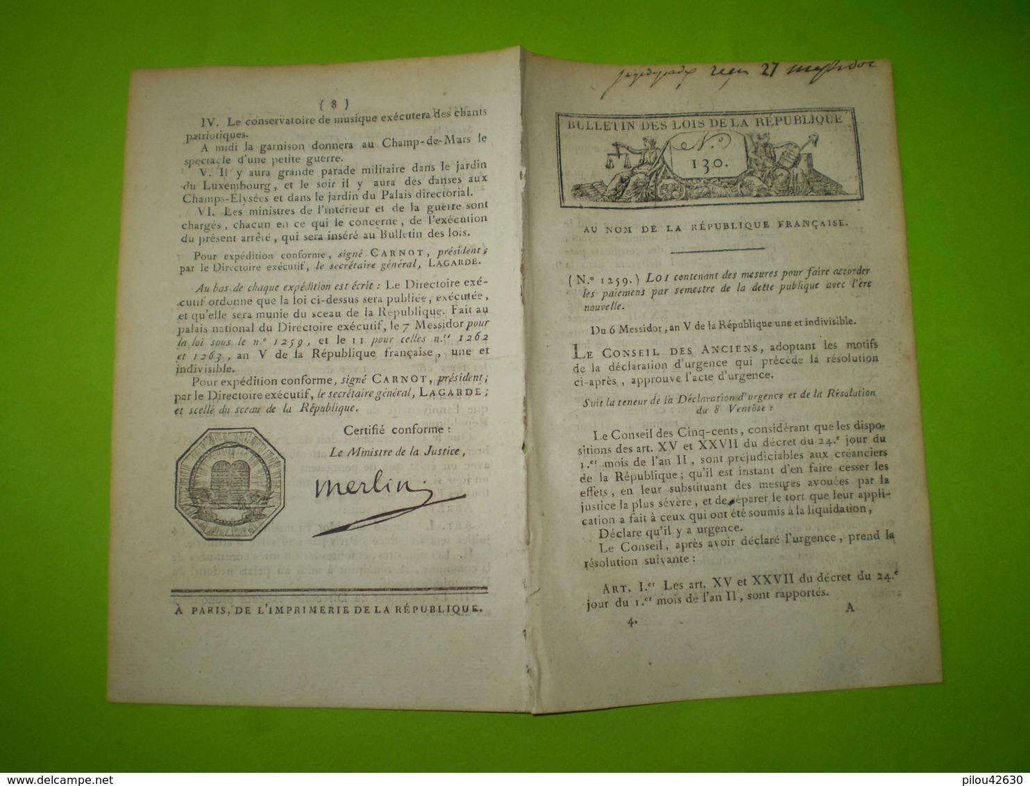 An V : Loi Sur La Destruction Des Loups; Anniversaire Du 14 Juillet; Paiement De La Dette Publique - Décrets & Lois