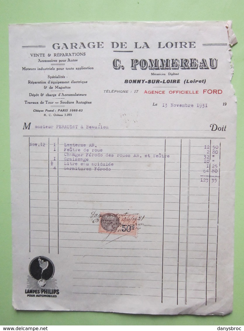 Facture Document Agence FORD GARAGE DE LA LOIRE, C.POMMEREAU à BONNY-SUR-LOIRE (45) Le 13/11/1931 - Timbre Fiscal à 50c - Automobile
