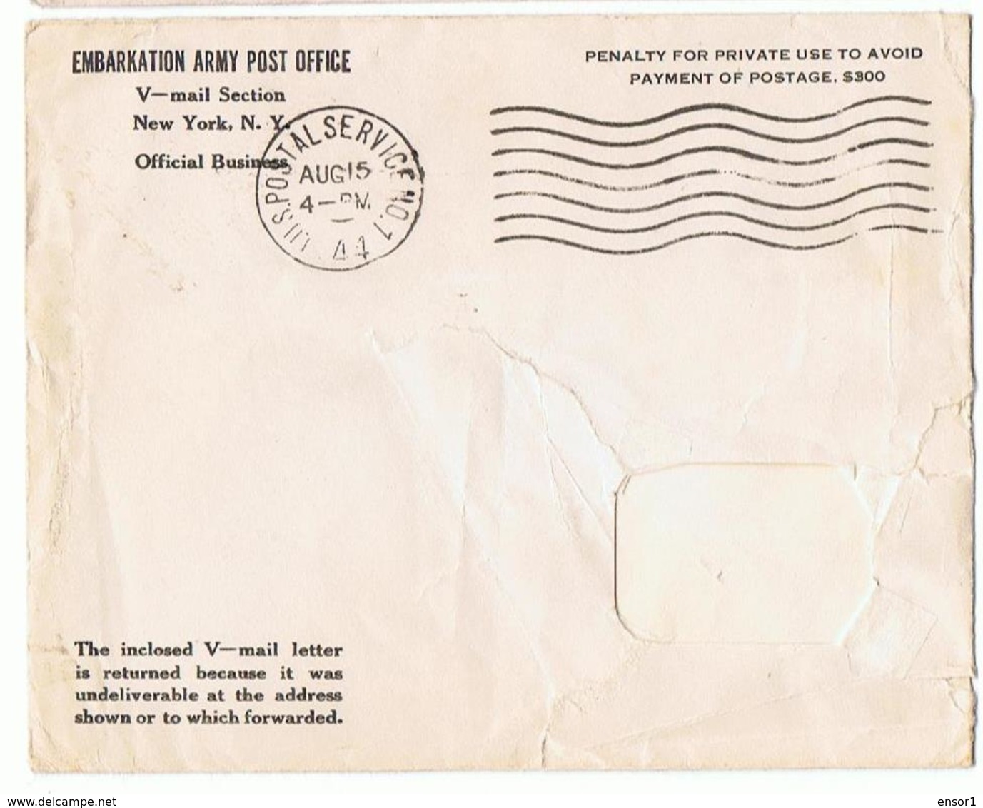 USA 1944 MISSING RETURNED TO WRITER Embarkation V-mail - Lettres & Documents