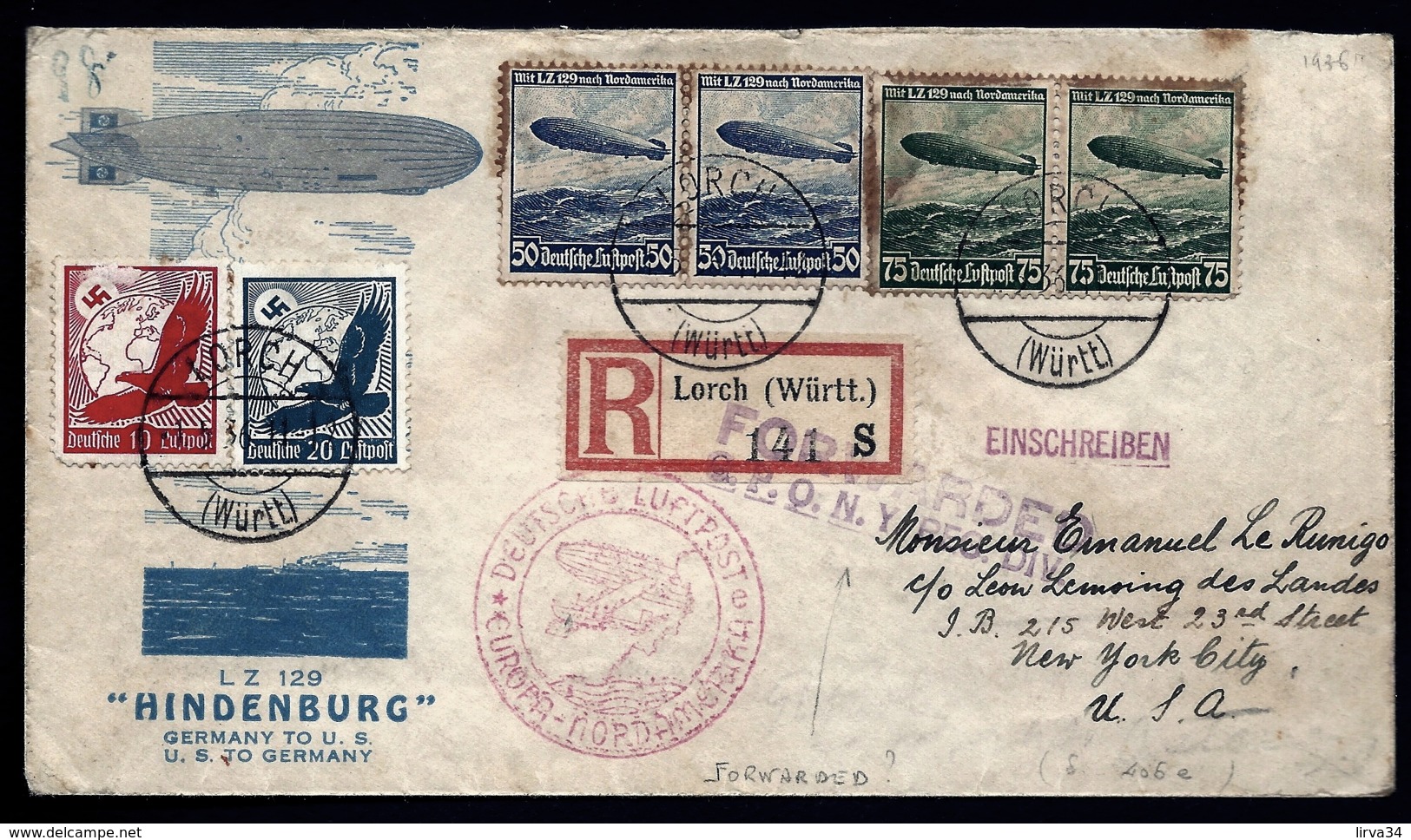 POSTE AÉRIENNE PAR ZEPPELIN HINDENBURG 1936- 1er  VOYAGE ALLER AMERIQUE NORD- USA- N.Y.- 6-5-36- 2 SCANS - Poste Aérienne & Zeppelin