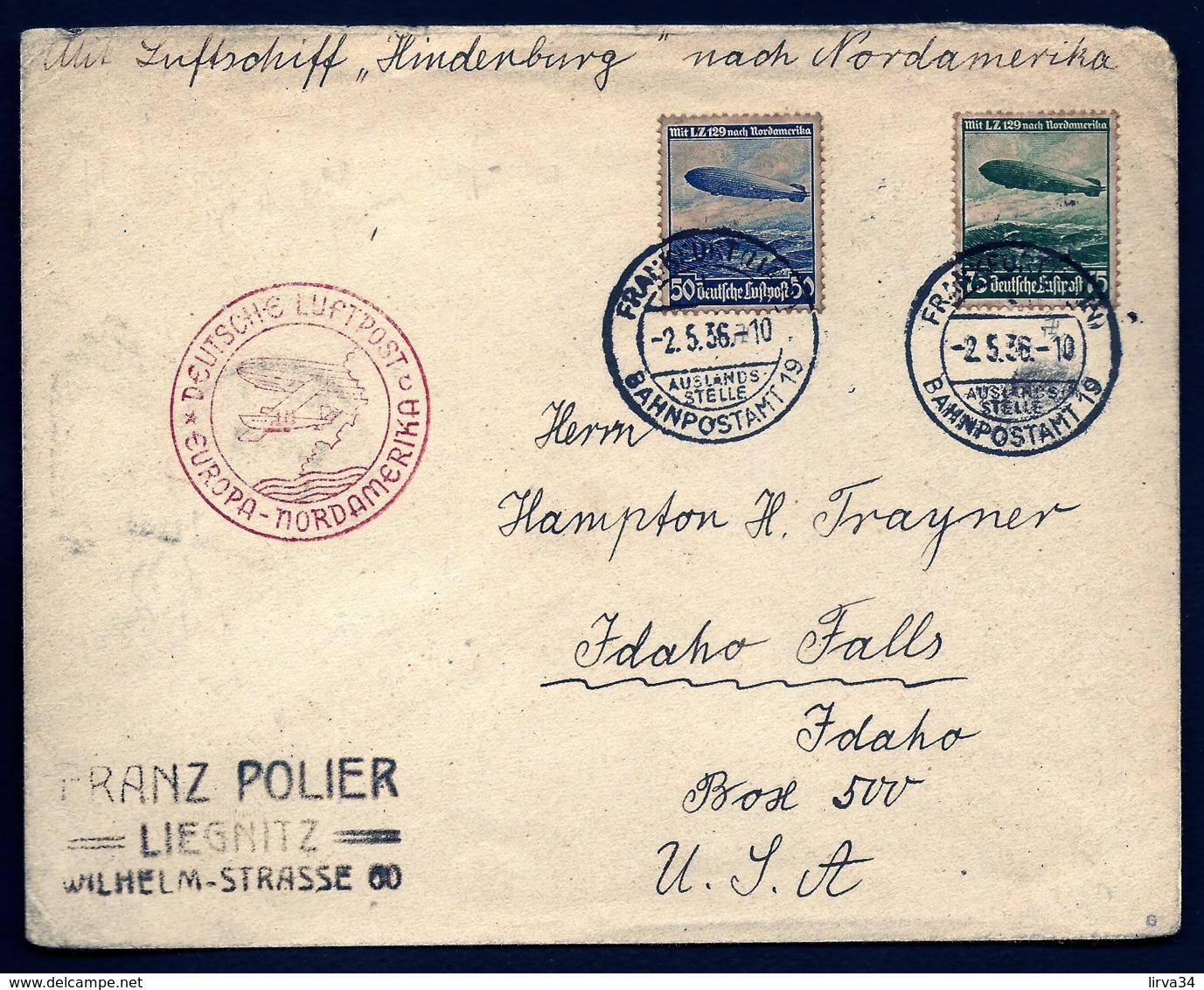 POSTE AÉRIENNE PAR ZEPPELIN HINDENBURG 1936- 1er VOYAGE ALLER AMERIQUE NORD USA- IDAHO- 2-5-36- 2 SCANS - Poste Aérienne & Zeppelin