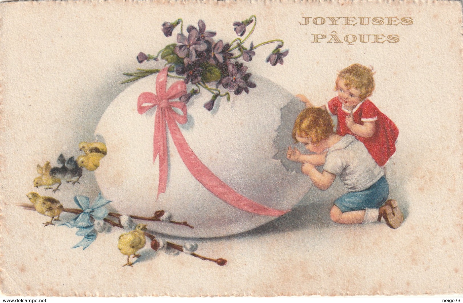 Carte Postale Ancienne Fantaisie Illustrée - Joyeuses Pâques - Oeuf - Violettes Poussins - Enfants - Ostern