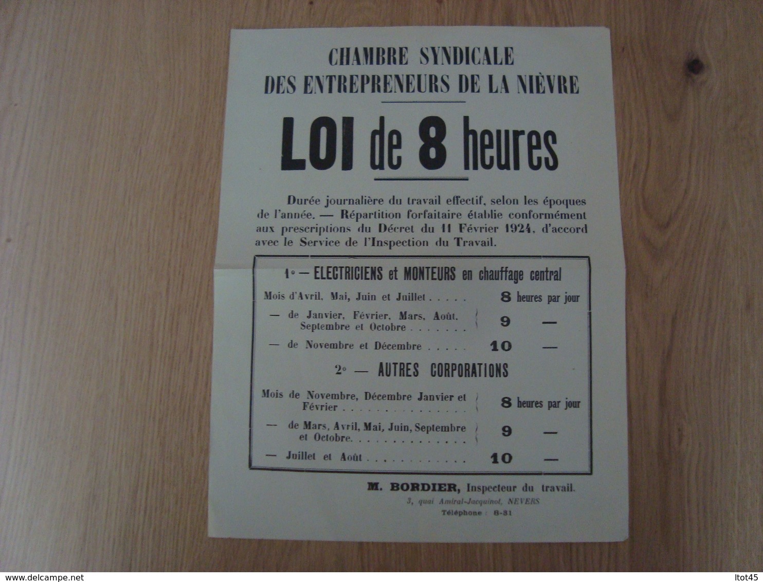 DOCUMENT CHAMBRE SYNDICALE DES ENTREPRENEURS DE LA NIEVRE LOI DE 8 HEURES - Documents Historiques