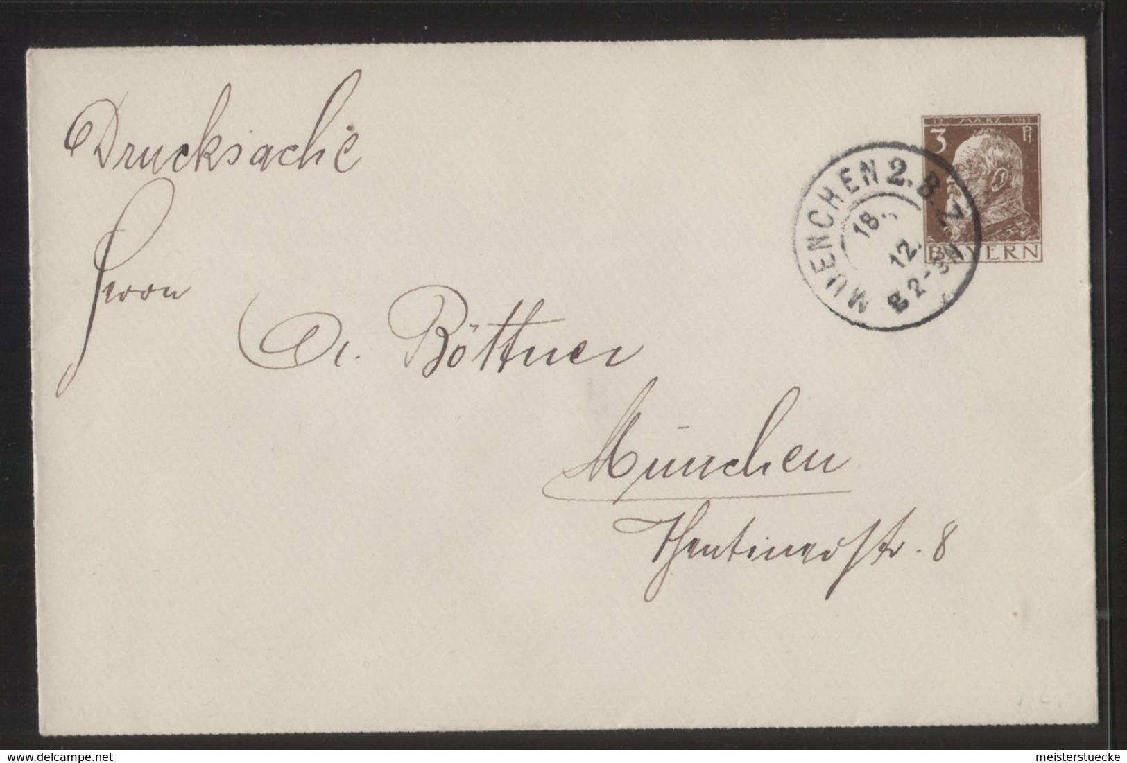Bayern - Privatganzsache/Umschlag PU 20 A3 - Drucksache - 3 Pf. Prinzregent Luitpolt, Gelaufen MÜNCHEN 1912 - Autres & Non Classés