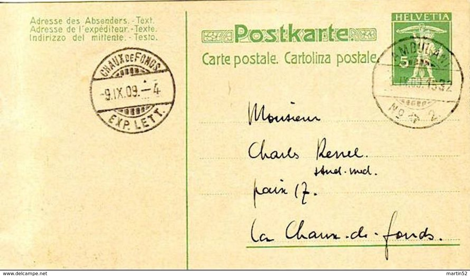 Schweiz Suisse 1909: Postkarte Carte Postale De Tavannes Avec O AMBULANT 9.IX.09 NO+2 Pour CHAUX DE FONDS - Entiers Postaux