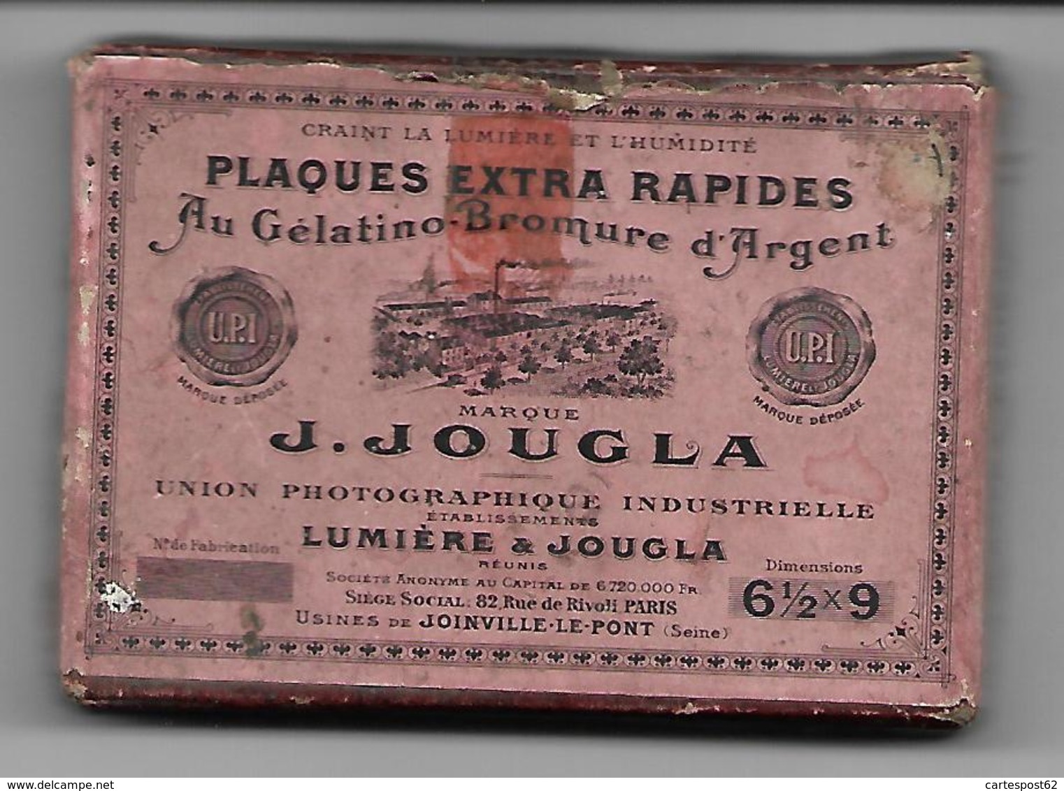 Ancienne Boîte Plaques Extra Rapides J. Jougla, Joinville-le-Pont. Union Photographique. (Pour Plaques En Verre) - Materiaal & Toebehoren