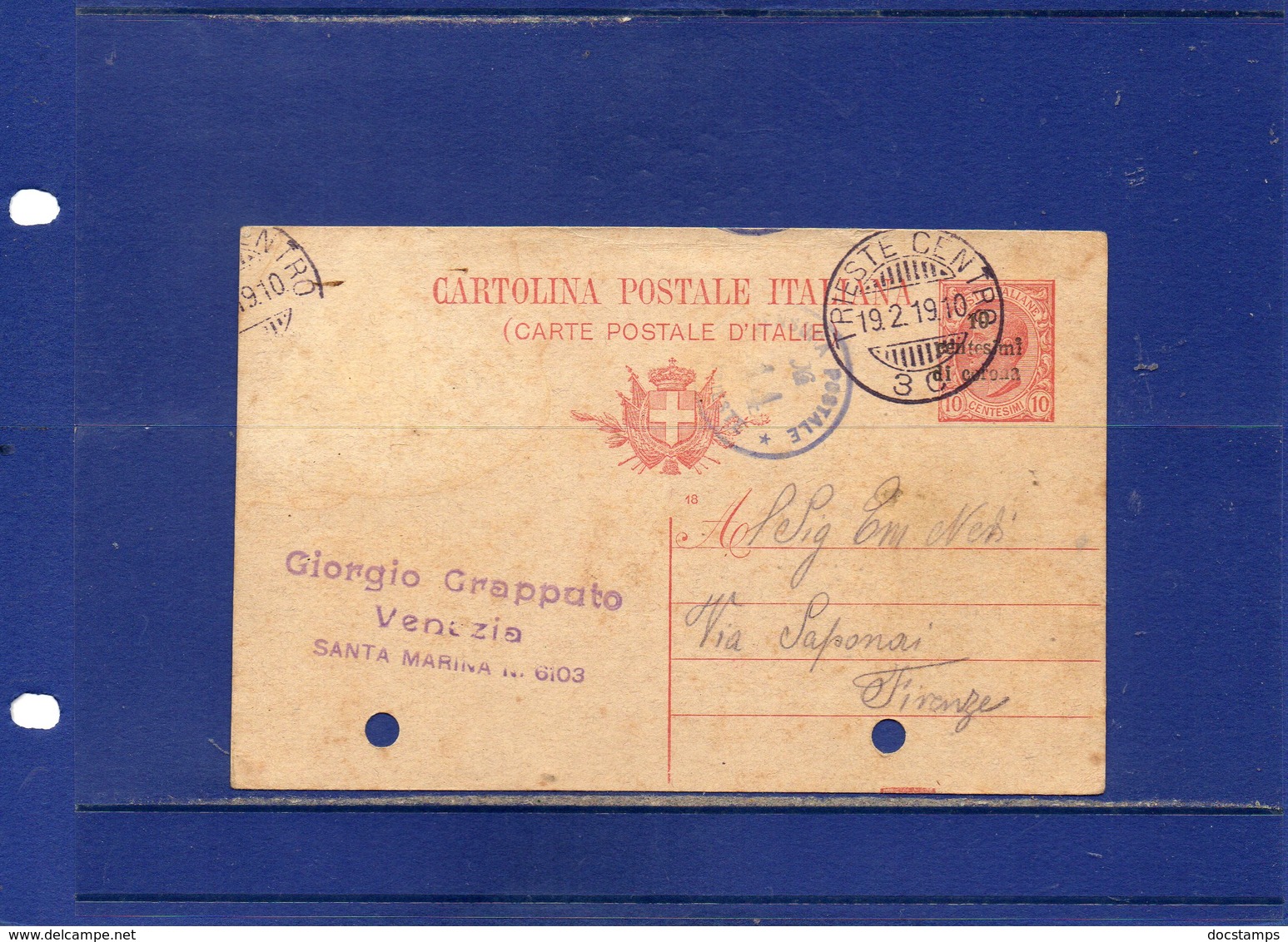 ##(ANTOC1)-1919-Cart. Postale Cent.10 Mill.18 Soprastampata 10 Centesimi Di Corona Da Trieste Per Firenze Bollo Censura - Trentino