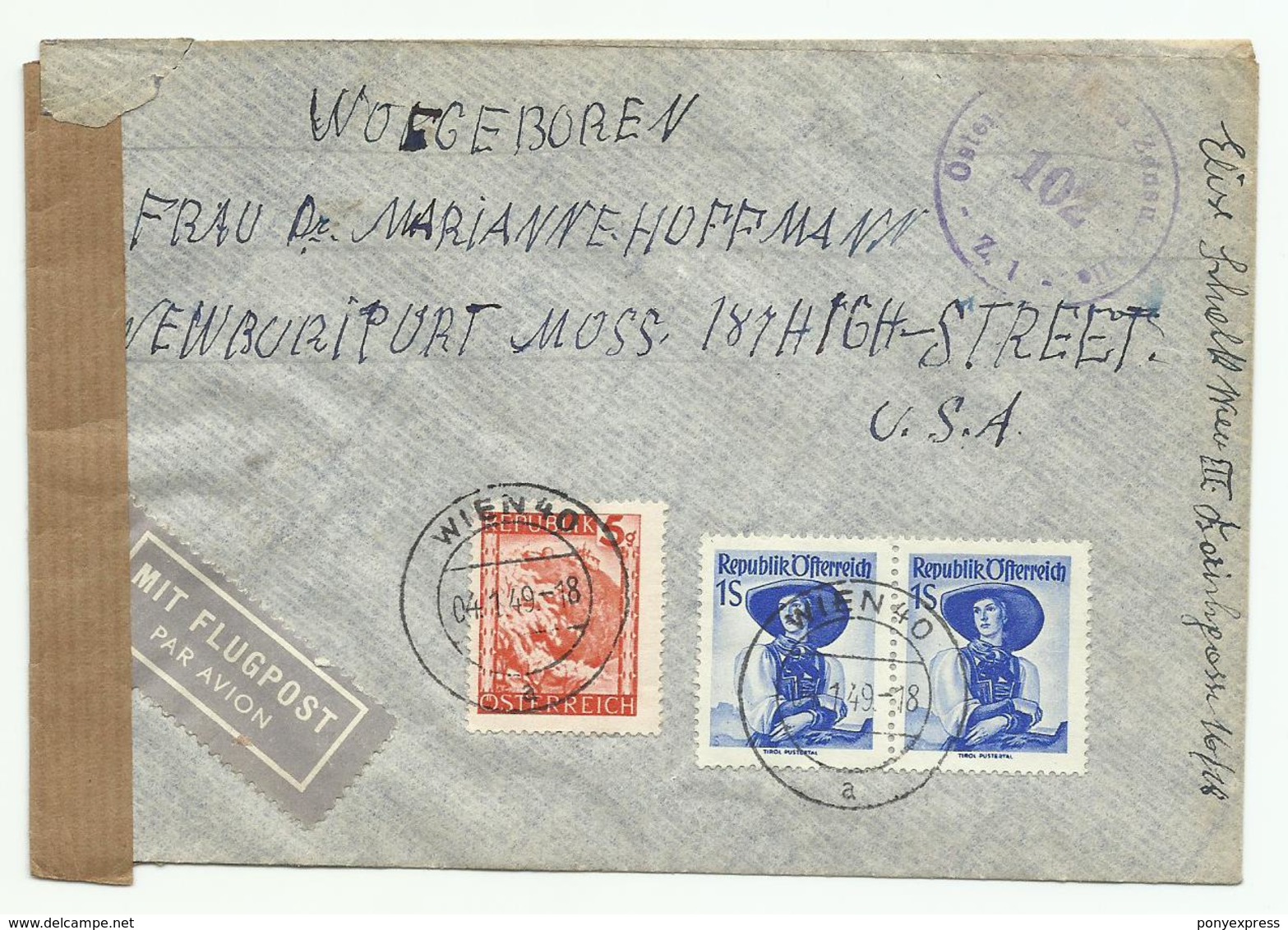 1949 Lettre De Wein Pour Newburiport, USA, Censure Autrichienne - Lettres & Documents