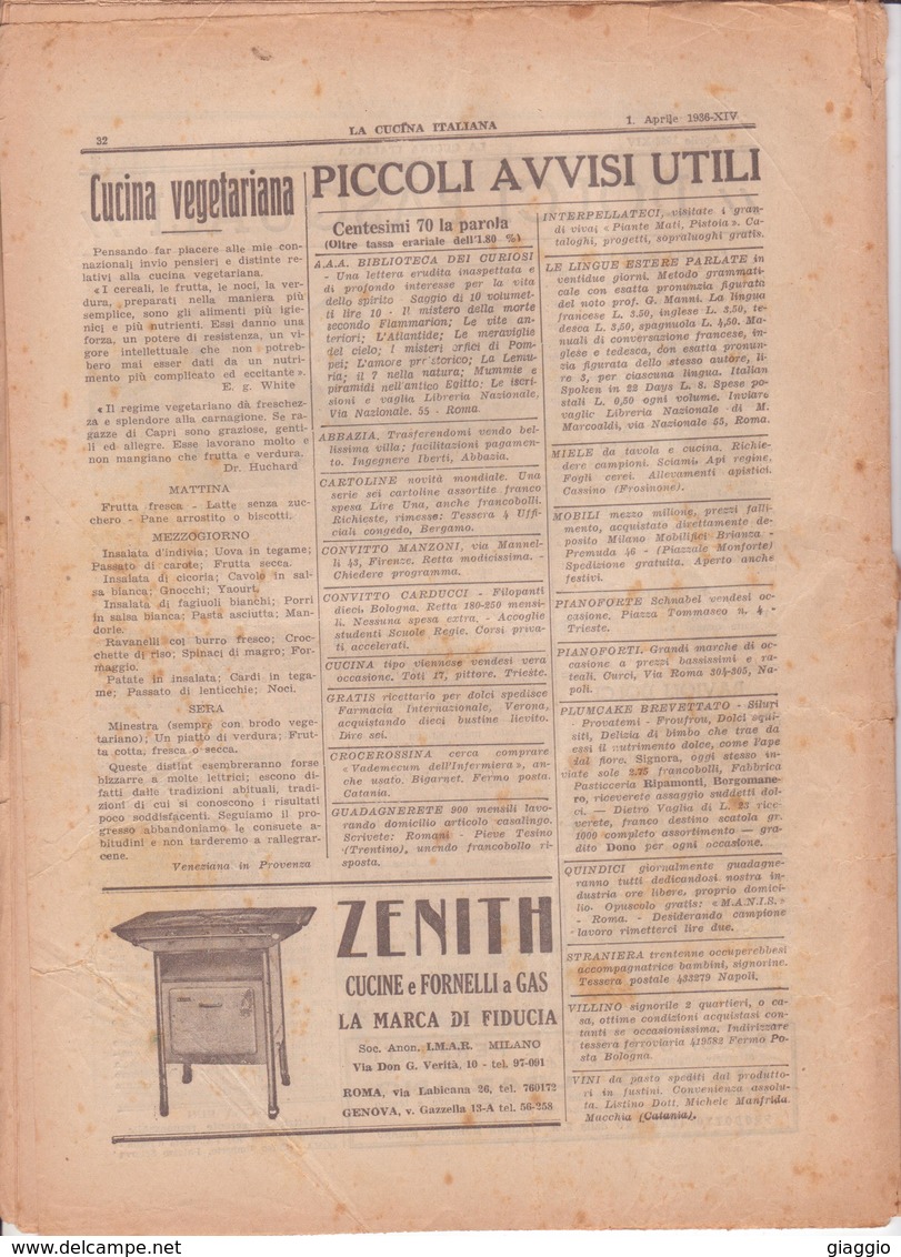 °°° La Cucina Italiana Roma 1936 Aprile N,4 A. 8  °°° - Casa, Giardino, Cucina