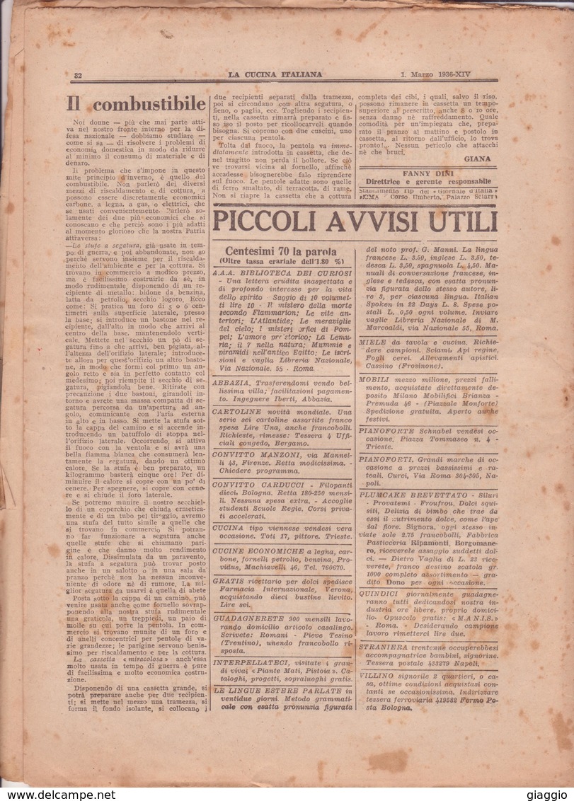 °°° La Cucina Italiana Roma 1936 Marzo N,3 A. 8  °°° - House, Garden, Kitchen