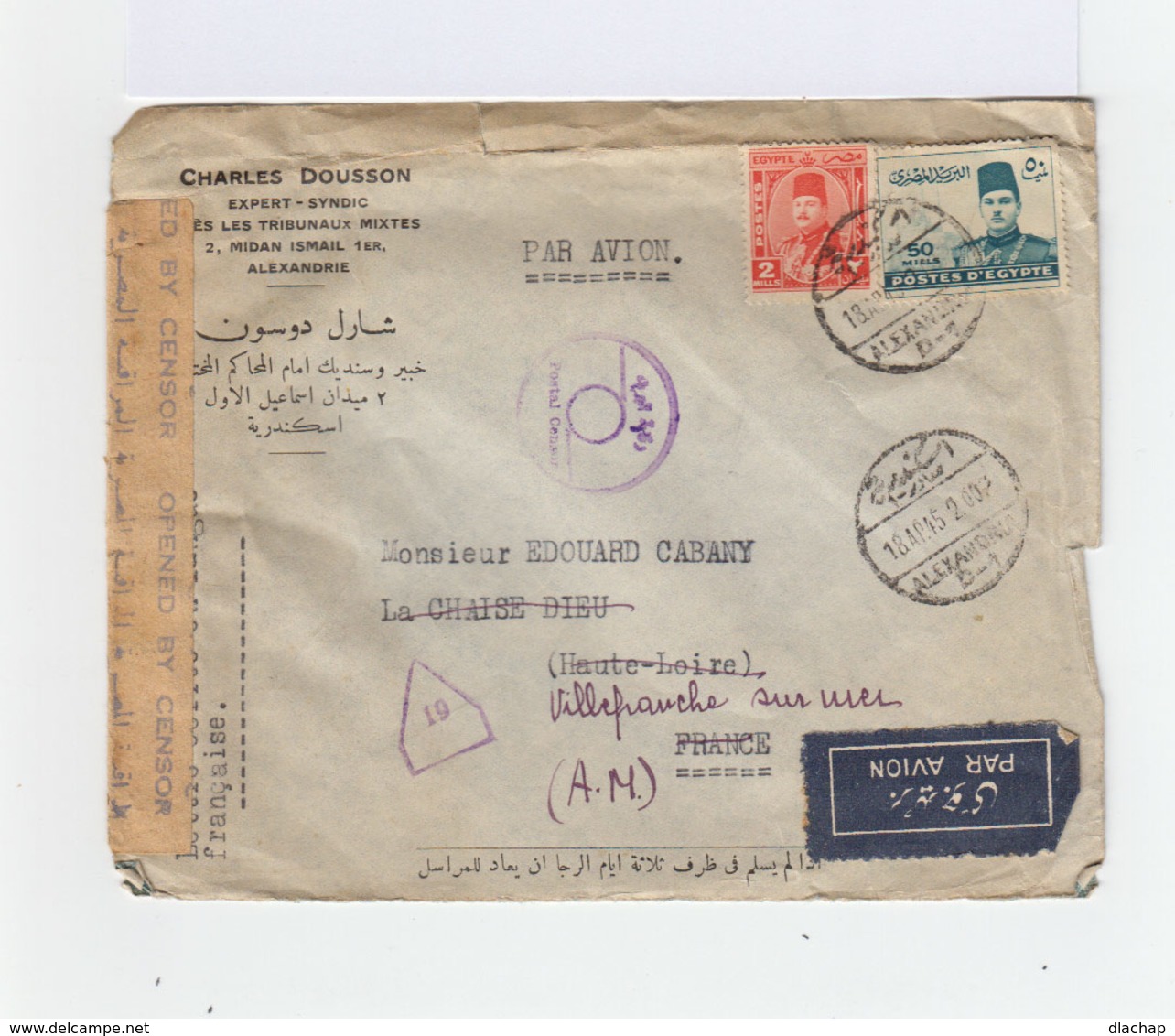 Sur Enveloppe Par Avion Deux Timbres Dont Un Par Avion CAD Alexandria Avril 1945. Overt Censure Et Cachet. (976) - Lettres & Documents