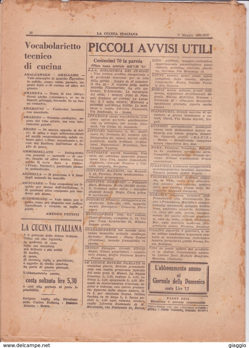 °°° La Cucina Italiana Roma 1936 Maggio N,5 A. 8  °°° - Maison, Jardin, Cuisine