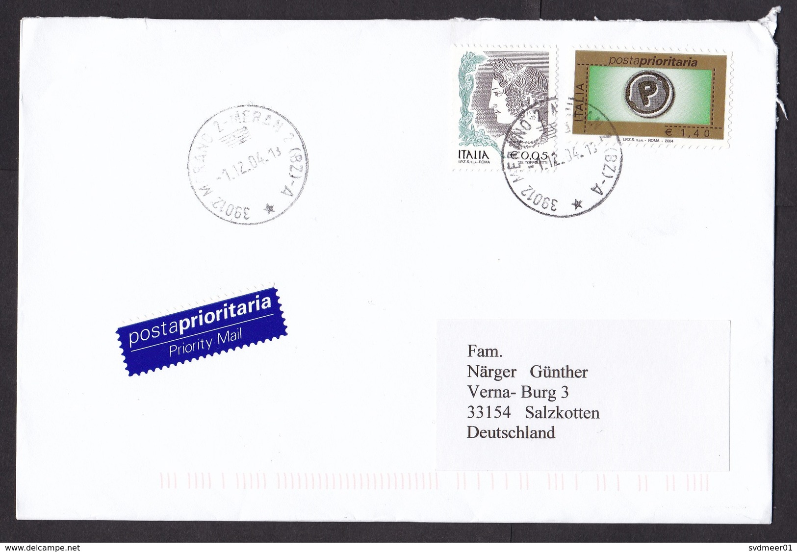 Italy: Cover To Germany, 2004, 2 Stamps, Roman Hair Dress, Cancel Merano-Meran, Tirol, Priority Label (roughly Opened) - Andere & Zonder Classificatie