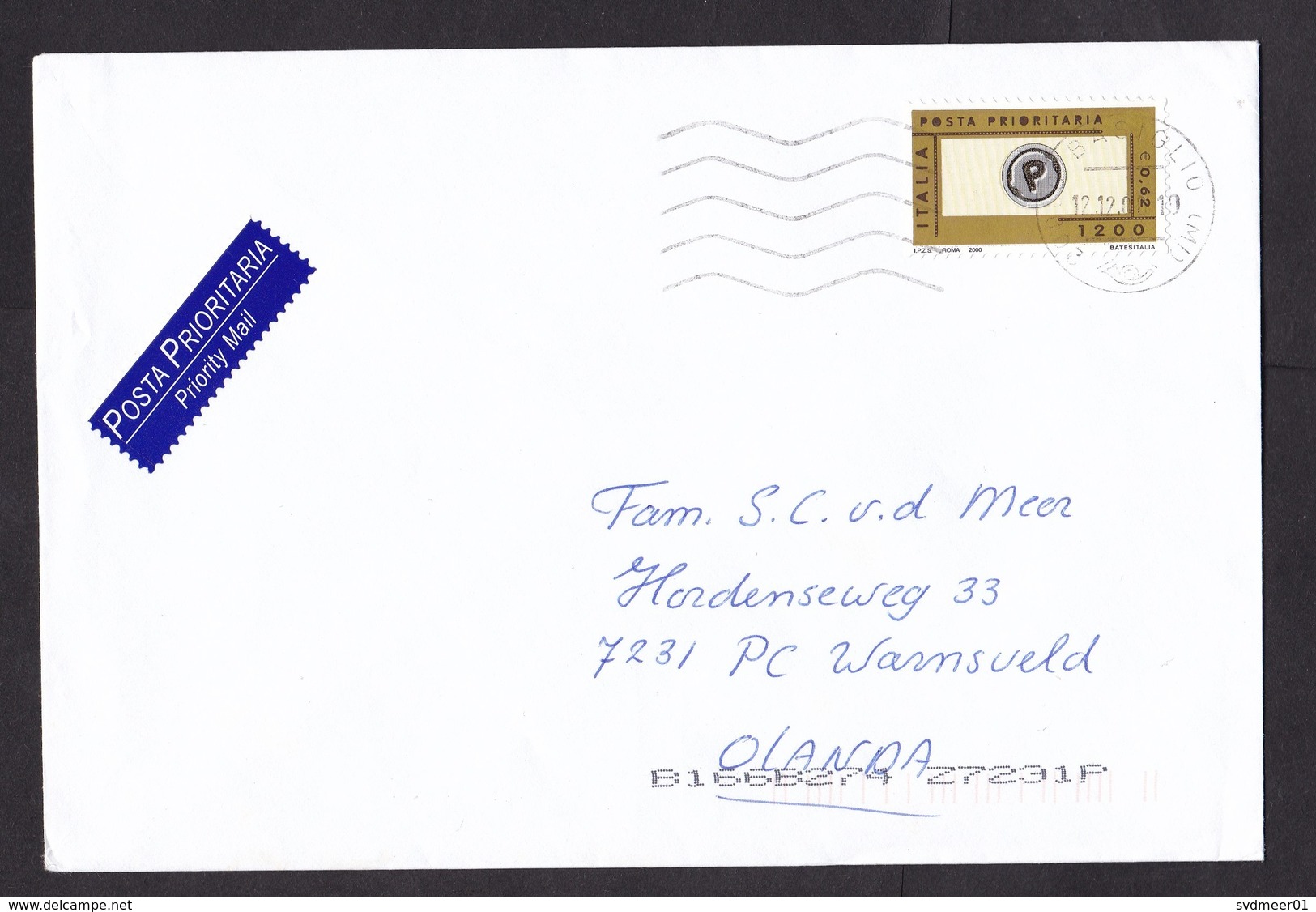 Italy: Cover To Netherlands, 2008, 1 Stamp, Priority Label (minor Crease) - Andere & Zonder Classificatie