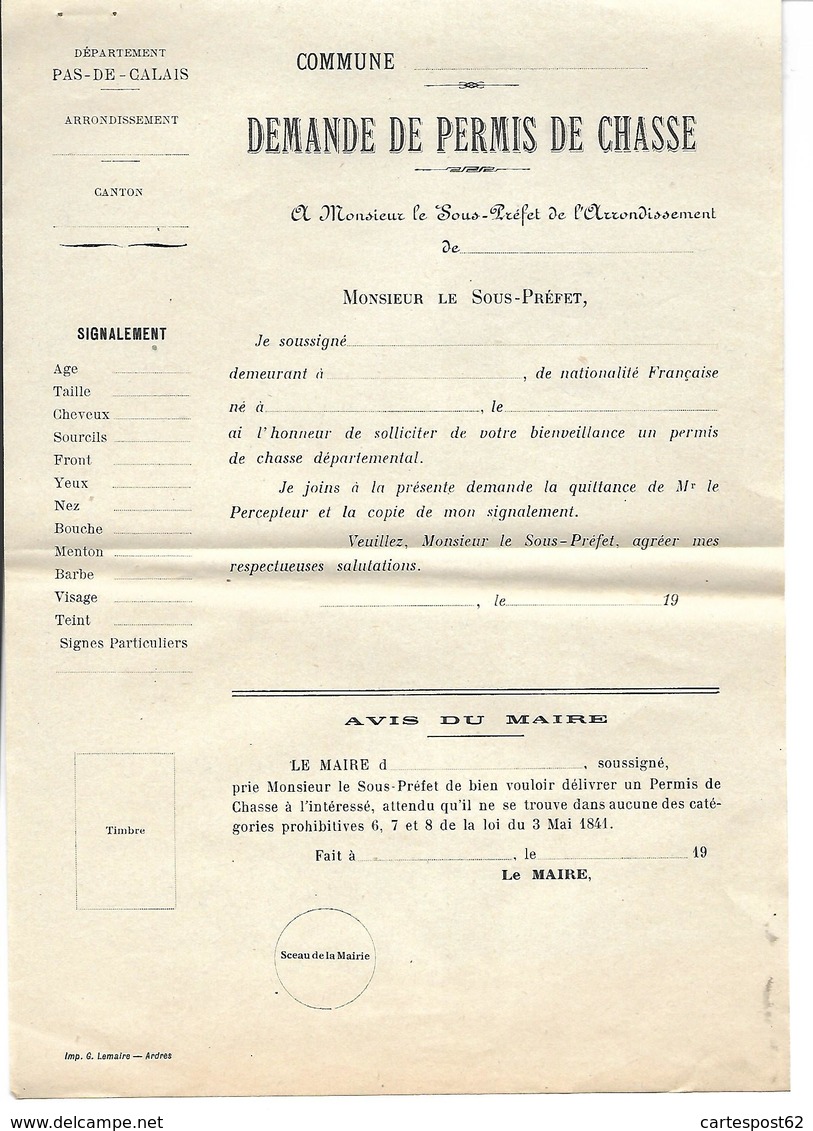 Papier Demande De Permis De Chasse. Département Du Pas-de-Calais. - Autres & Non Classés