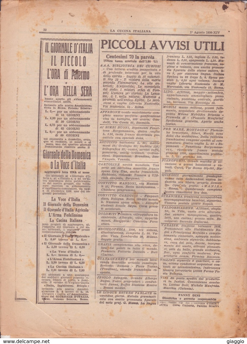 °°° La Cucina Italiana Roma 1936 Agosto N,8 A. 8  °°° - Casa, Giardino, Cucina