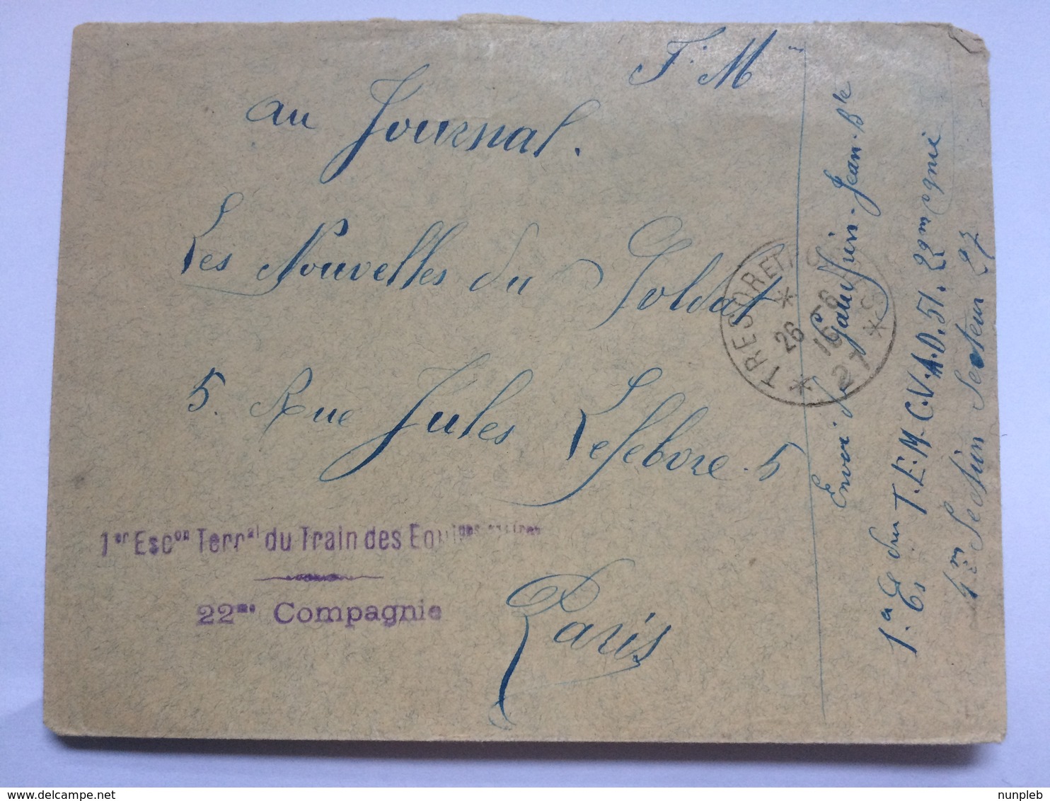 FRANCE WW1 Militry Cover 1916 - Tresor Et Postes Postmark Plus 22 Compagnie & 1 Esc Terr Du Train Des Eq?...cachets - Covers & Documents