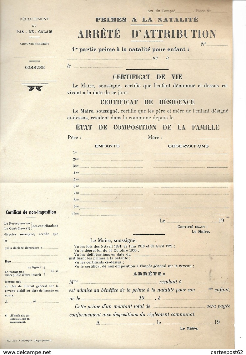 Papier Prime à La Natalité Pour Enfant. Arrêté D'Attribution. Département Du Pas-de-Calais. - Documents Historiques