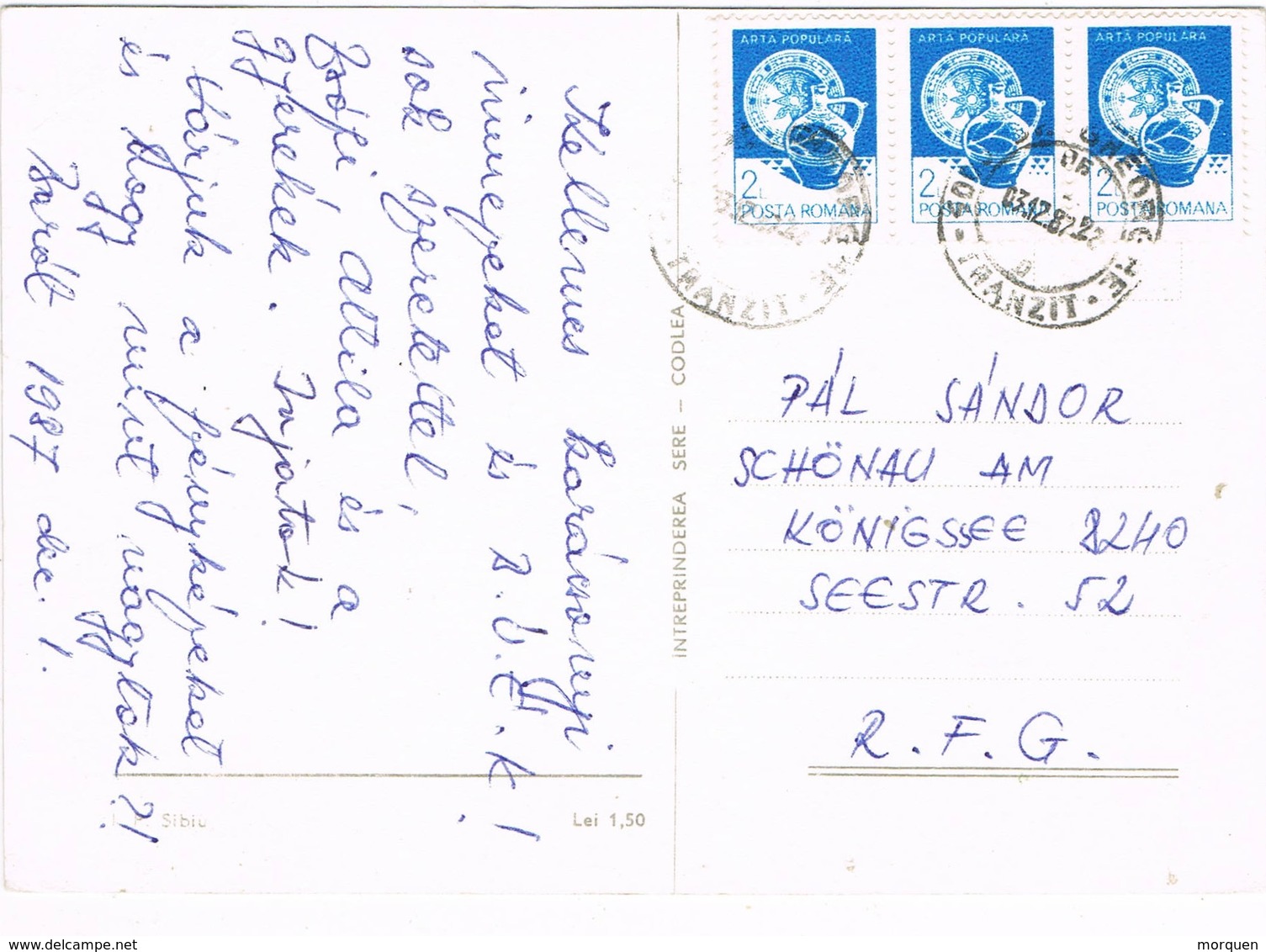 30816. Postal BARAOLT (Rumania) 1987. Ambulant Tranzit S. GHEORGHE - Cartas & Documentos