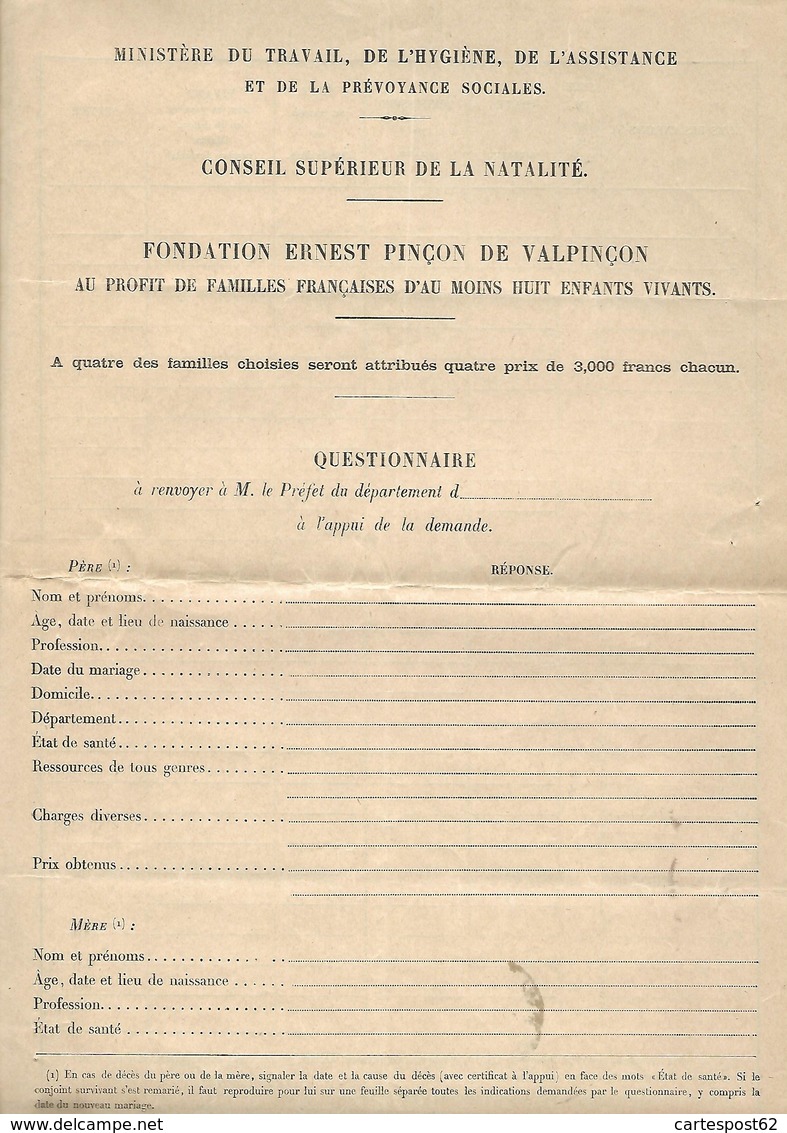 Fondation Ernest Pinçon De Valpinçon Au Profit De Familles Françaises D'au Moins Huit Enfants Vivants. - Documents Historiques