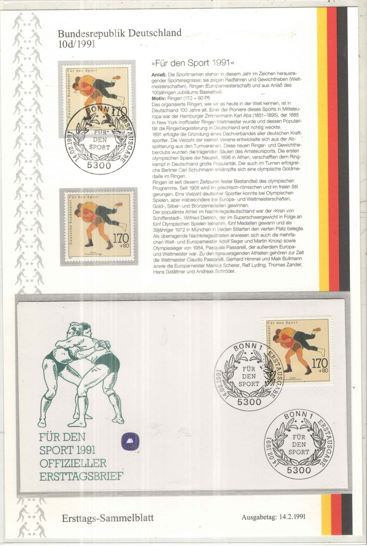 Bund Rep.1991 FDC N.10d Sport Wrestling  Scott.B 704+See Scans+ - Altri & Non Classificati