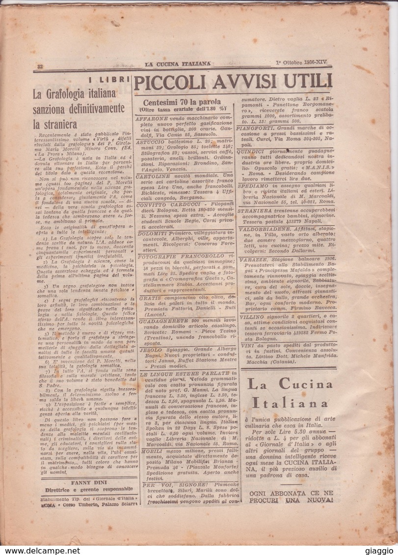 °°° La Cucina Italiana Roma 1936 Ottobre N,10 A. 8  °°° - Maison, Jardin, Cuisine