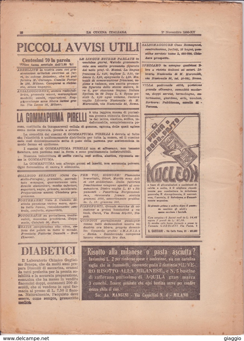 °°° La Cucina Italiana Roma 1936 Novembre N,11 A. 8  °°° - House, Garden, Kitchen