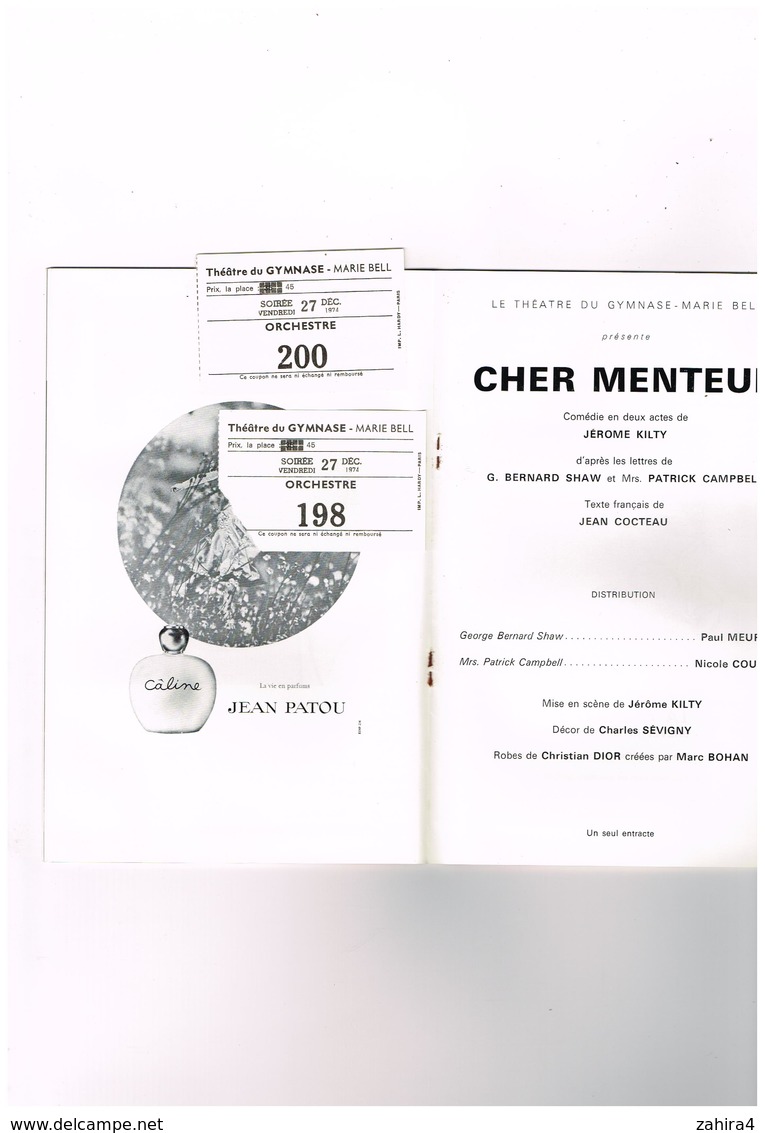 Spectacle - Théâtre Gymnase Marie Bell Avec Billet Entrée Cher Menteur J.Kilty B.Shaw P.Campbell Jean Cocteau C.Dior.... - Programmes