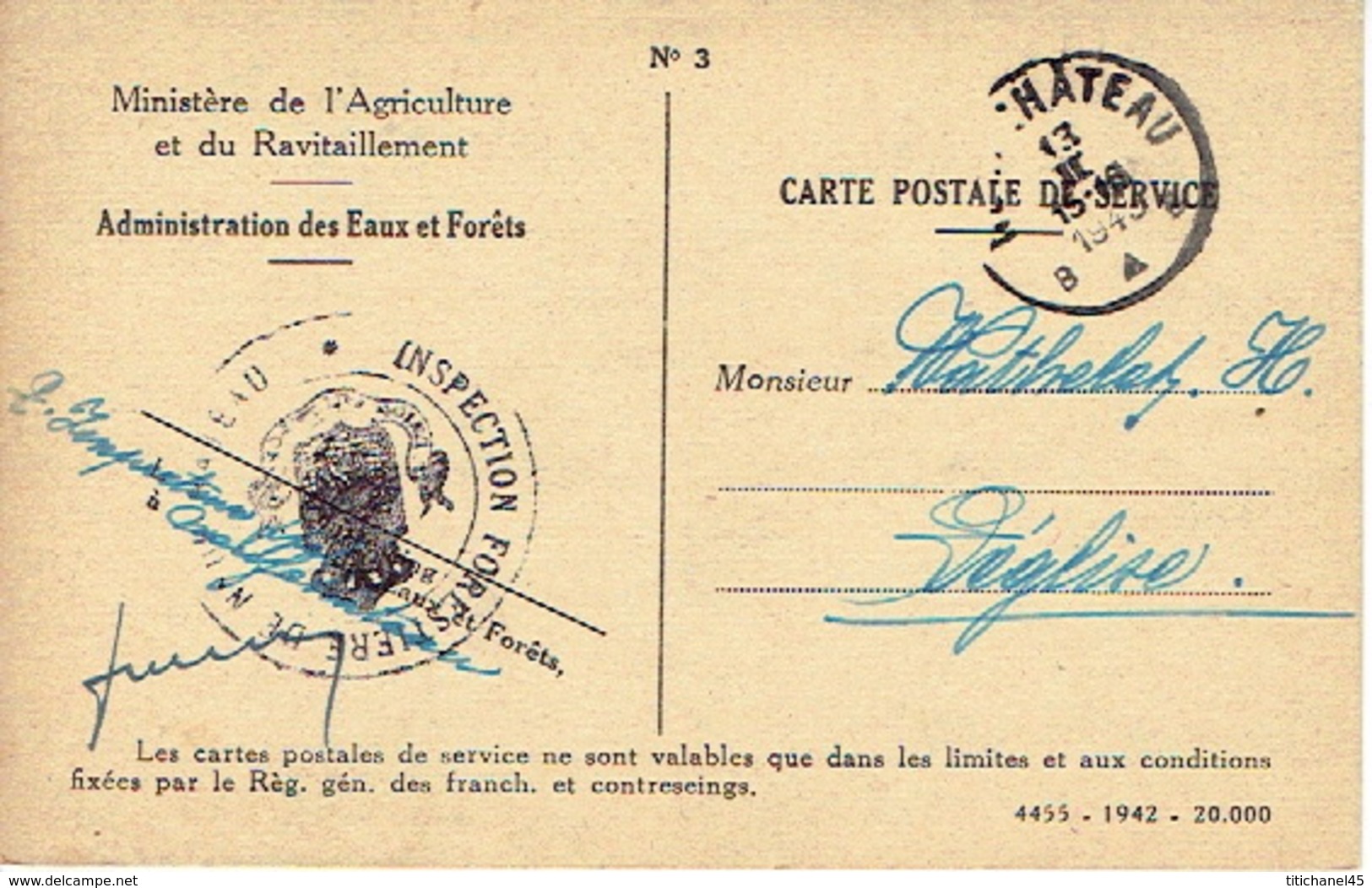 1943 Carte De Service - MINISTERE DE L'AGRICULTURE - INSPECTION FORESTIERE DE NEUFCHATEAU Vers LEGLISE - Franchise