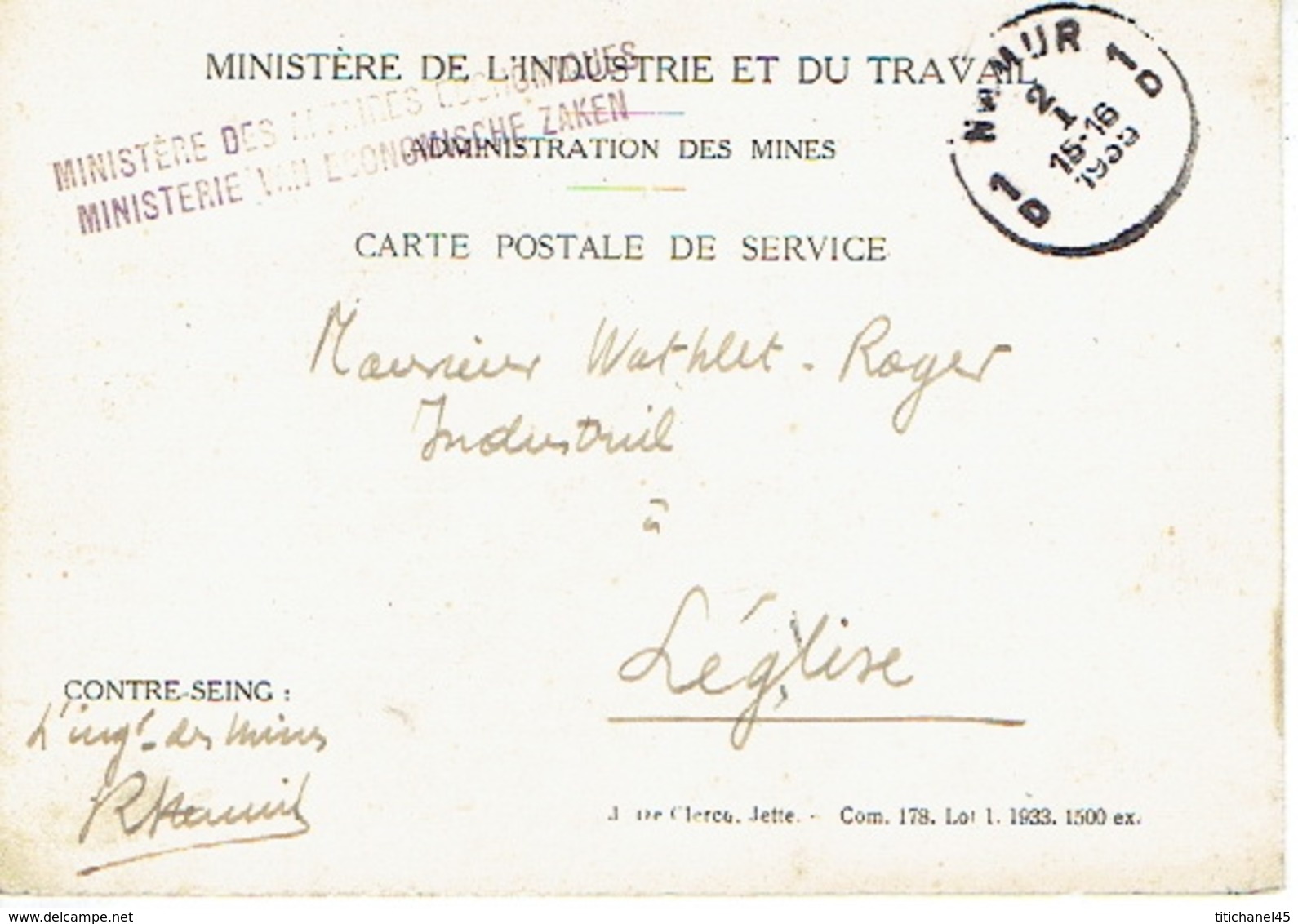 1935 Carte De Service - MINISTERE DE L'INDUSTRIE ET DU TRAVAIL - ADMINISTRATION DES MINES à NAMUR 2 Vers LEGLISE - Franchise