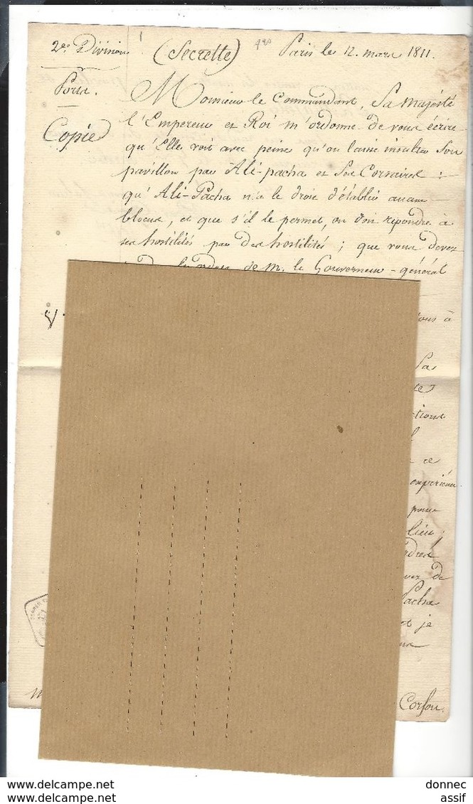 AMIRAL DENIS DECRES , Copie De Lettre Pour Cdt Montfort , Corfou ( Ali Pacha - Général Donzelot - Signé Decrès ) - Documents Historiques