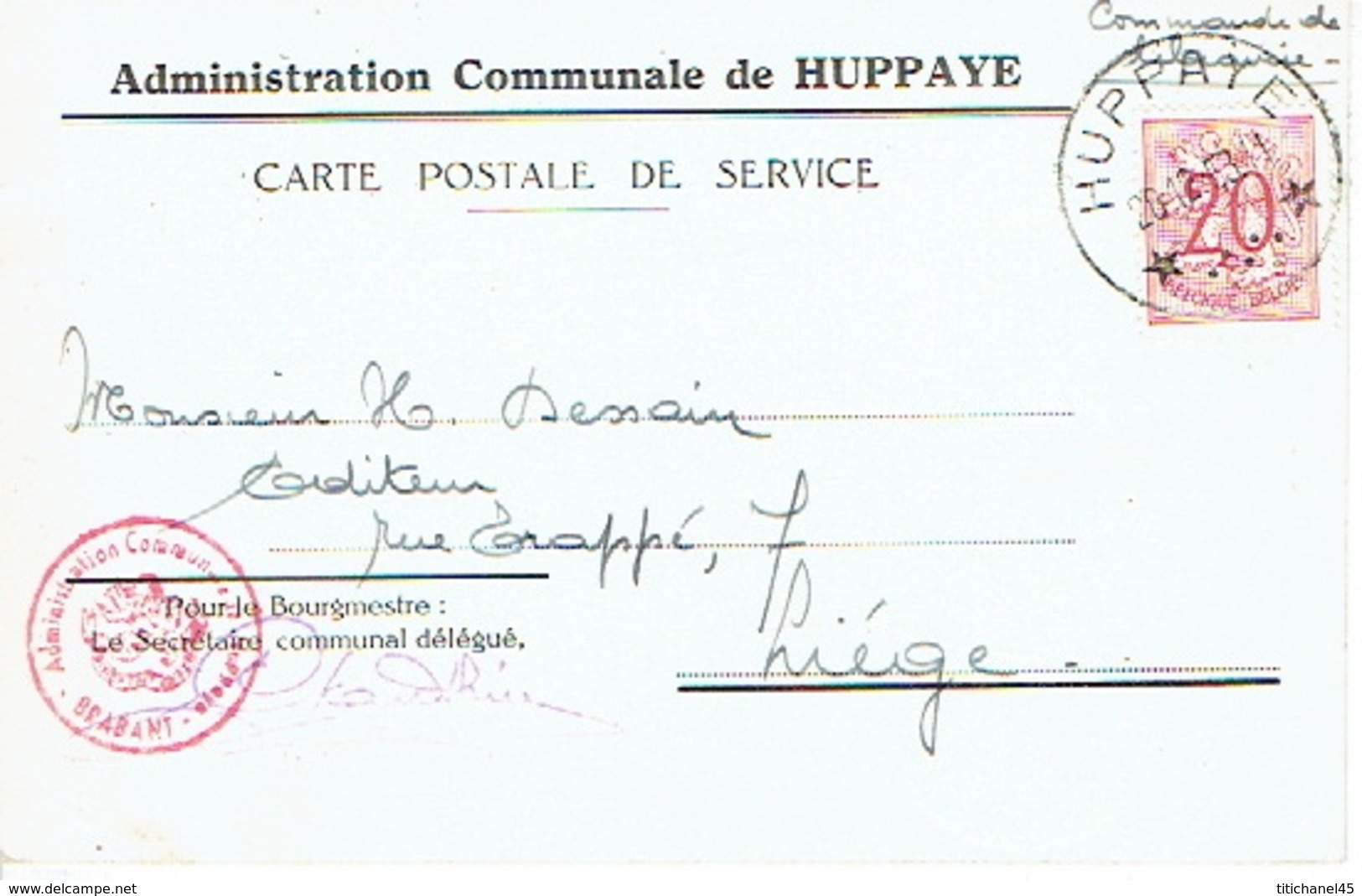 Carte De Service - ADMINISTRATION COMMUNALE DE HUPPAYE - Cachet à étoiles HUPPAYE 30.12.1953 - Cachets à étoiles