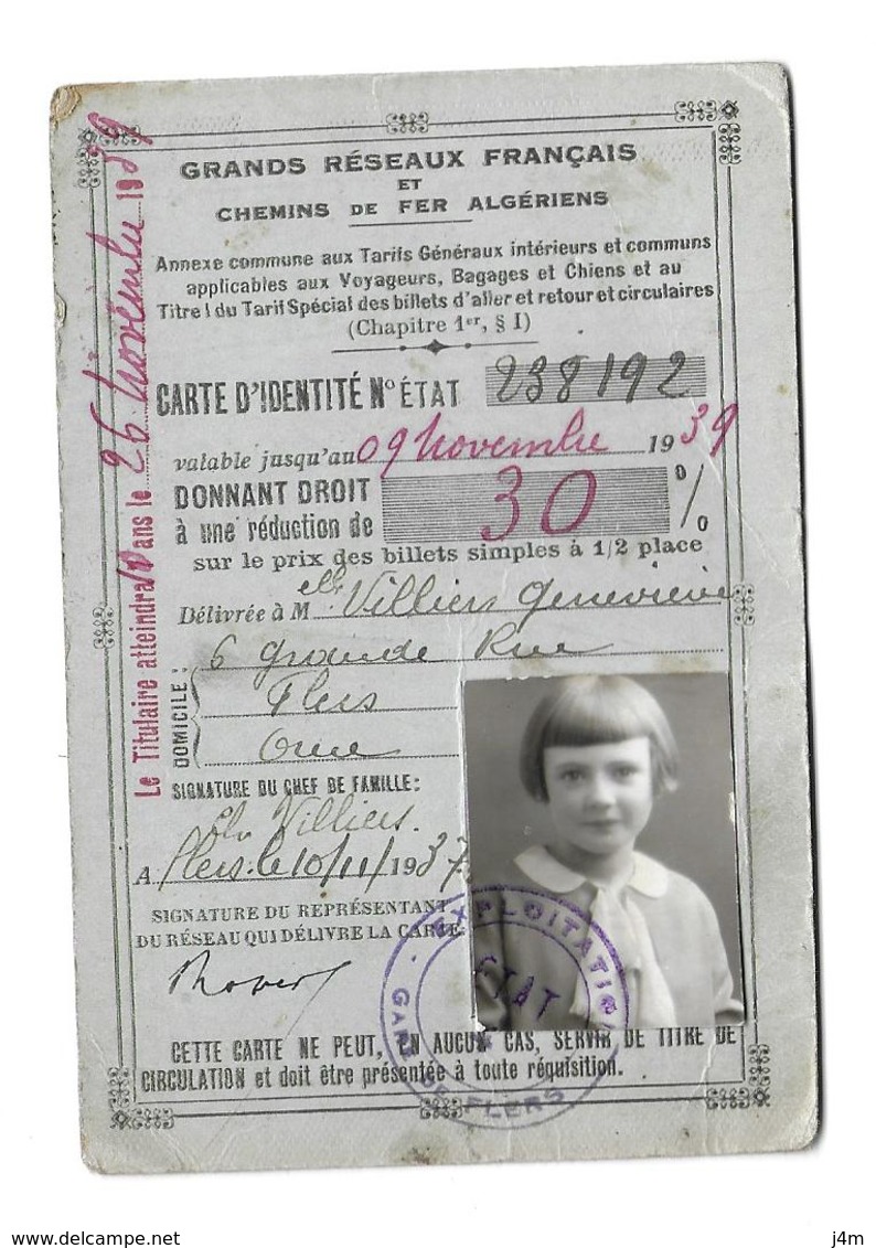 DOCUMENT De 1937...CARTE De REDUCTION 30 % Sur Les CHEMINS De FER SNCF, Mlle VILLIERS à FLERS (61)...2 Scans - Historical Documents