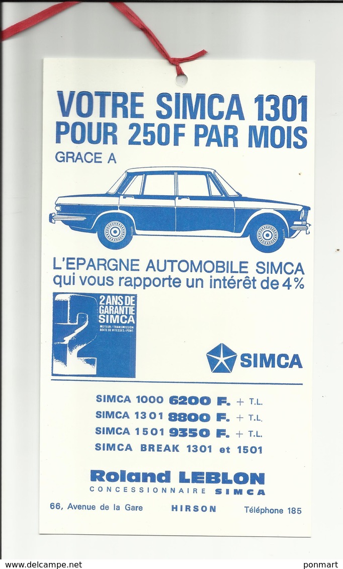 Publicité Auto /voiture Simca  1301  Hirson 02500 En 1967 - Publicités