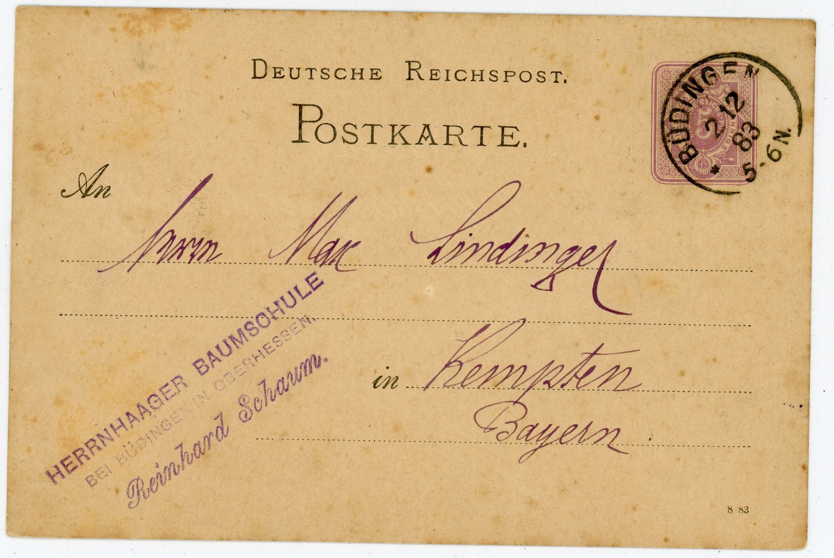 "BÜDINGEN" Klarer K 1 Postkarte 1883 Nach Kempten - Briefe U. Dokumente