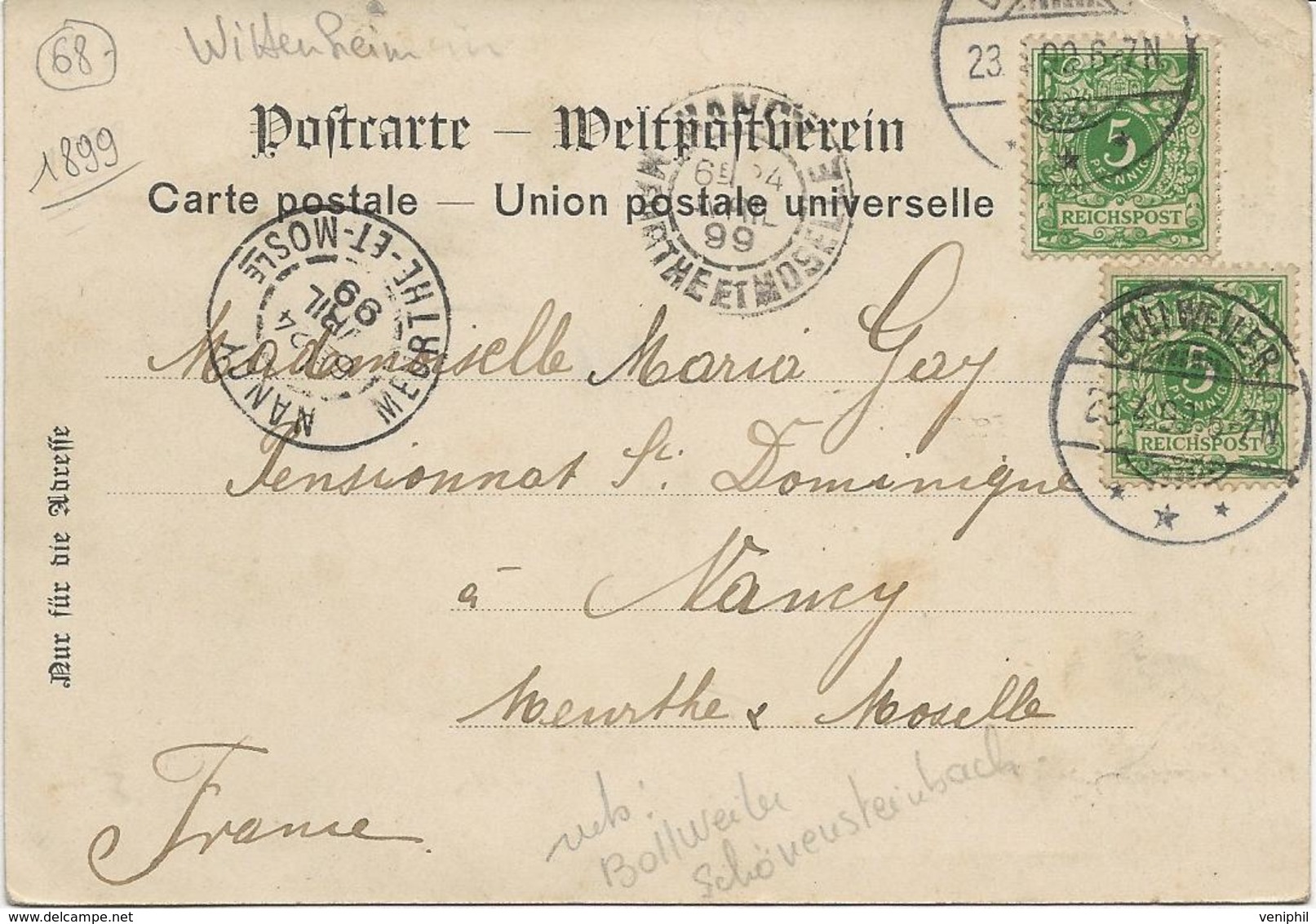 CARTE POSTALE SCHONENSTEINBACH-WITTENHEIM - AFFRANCHIE TIMBRE ALLEMAND -1899 -CARTE RARE - Wittenheim