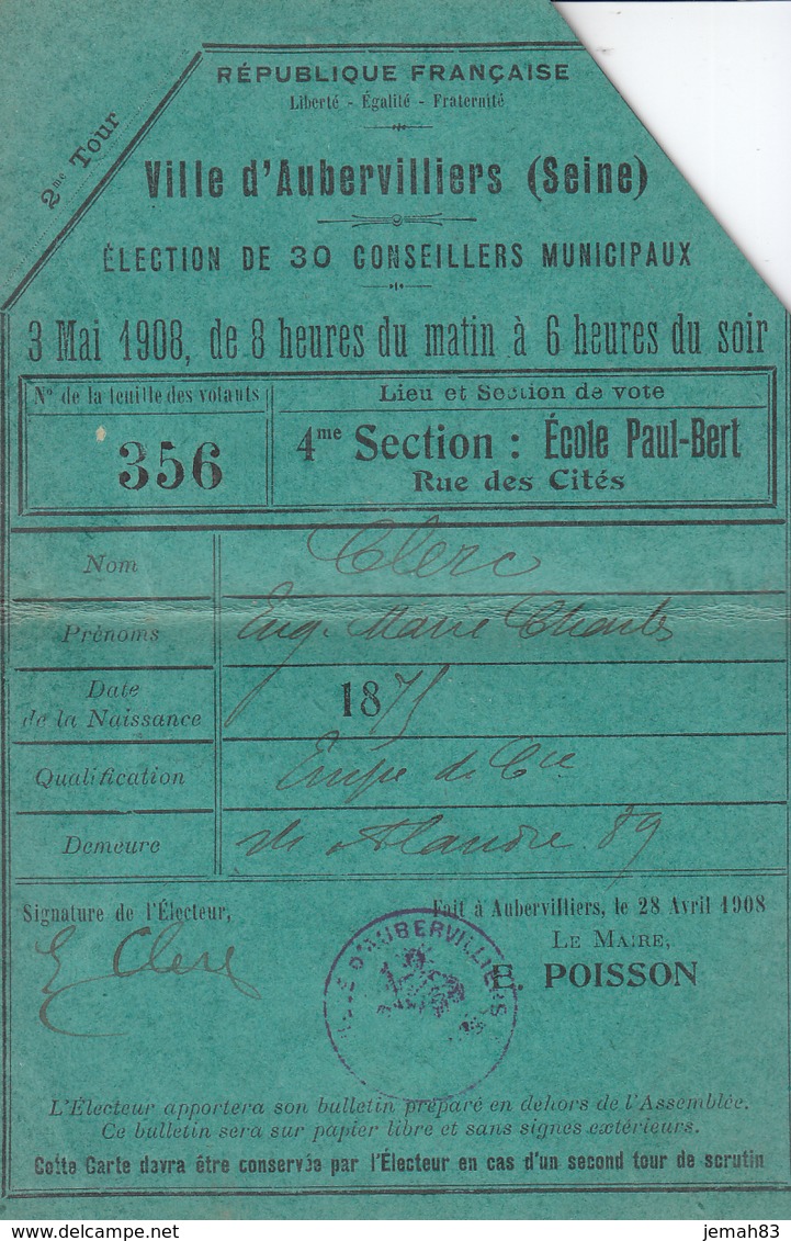 7carte D Electeur 3 Mai 1908 Aubervillers (LOT AE 23) - Non Classés