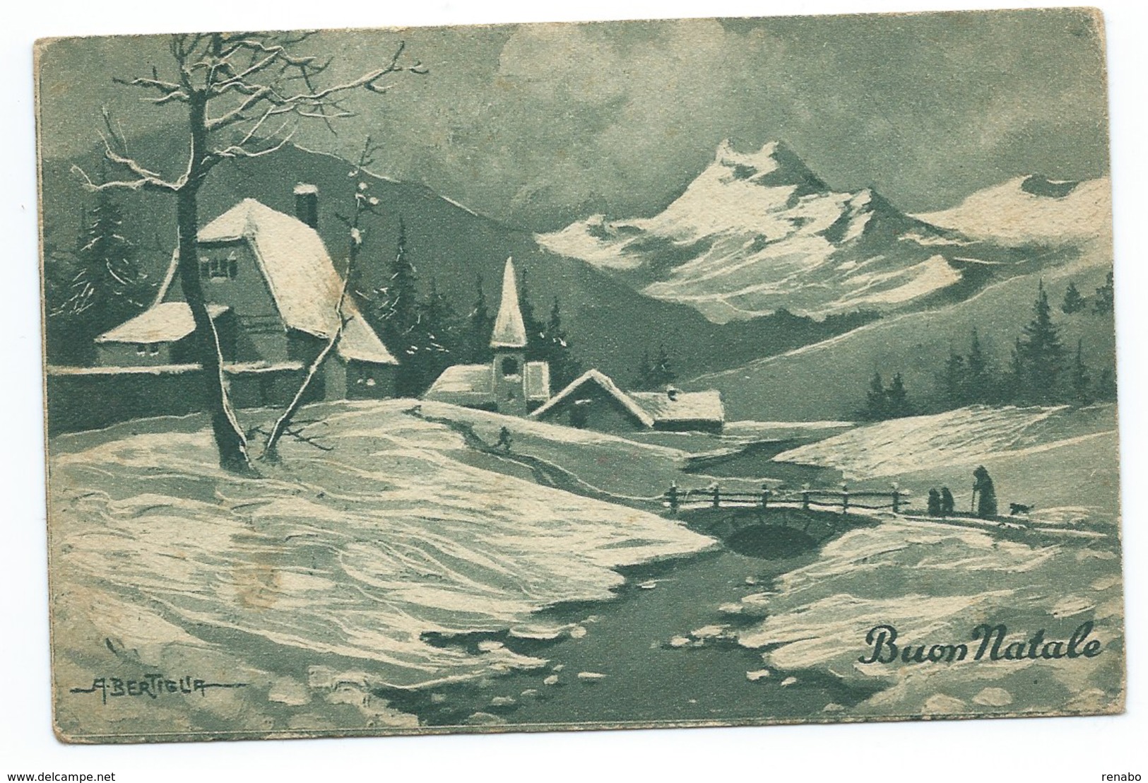 Buon Natale Circolata Nel 1947; Paese Di Montagna Con Neve E Persone. Illustratore A. Bertiglia. - Altri & Non Classificati