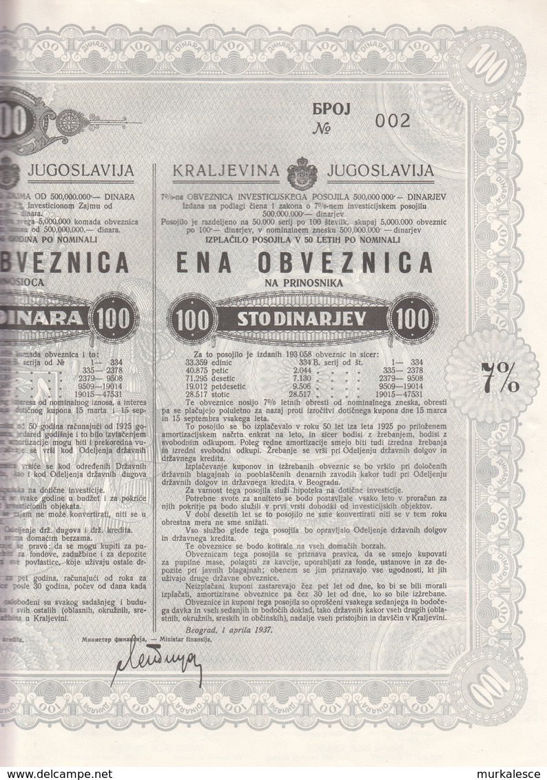 3392  SLOVENIJA  6 X  OBVEZNICA  100 DINARA  1937   NR.001-002-003-004-005-006 - Slovenië