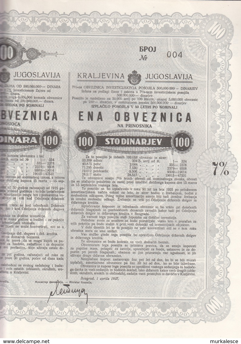 3392  SLOVENIJA  6 X  OBVEZNICA  100 DINARA  1937   NR.001-002-003-004-005-006 - Slovenië