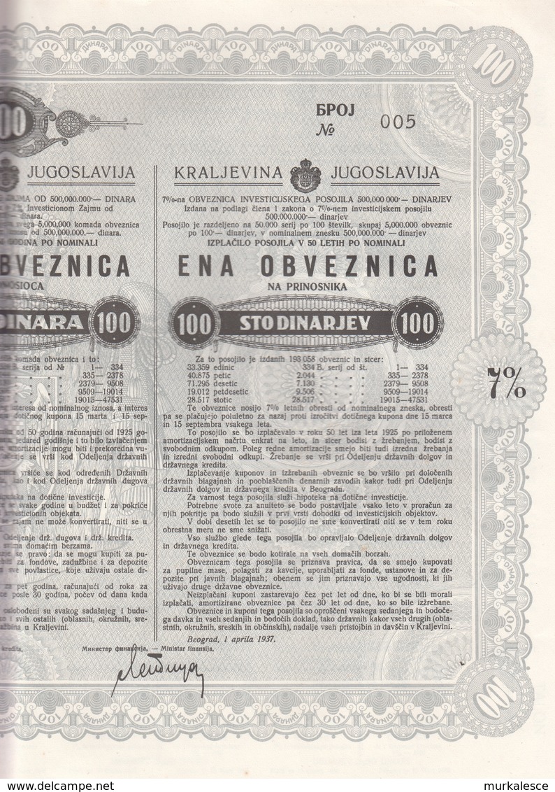 3392  SLOVENIJA  6 X  OBVEZNICA  100 DINARA  1937   NR.001-002-003-004-005-006 - Slovenië